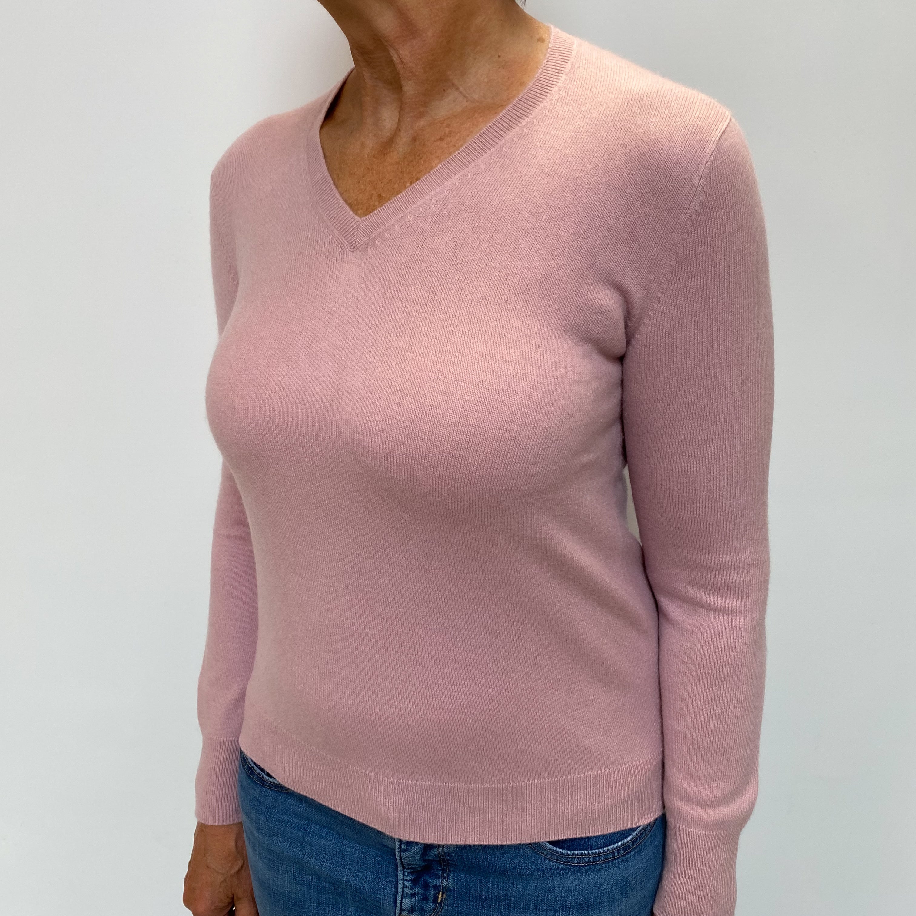 Dusky Pink Cashmere V Neck Jumper Medium