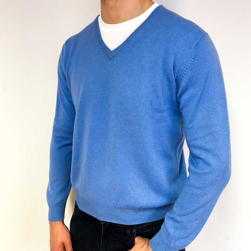 Men's Sky Blue Lightweight Cashmere V-Neck Jumper Extra Large