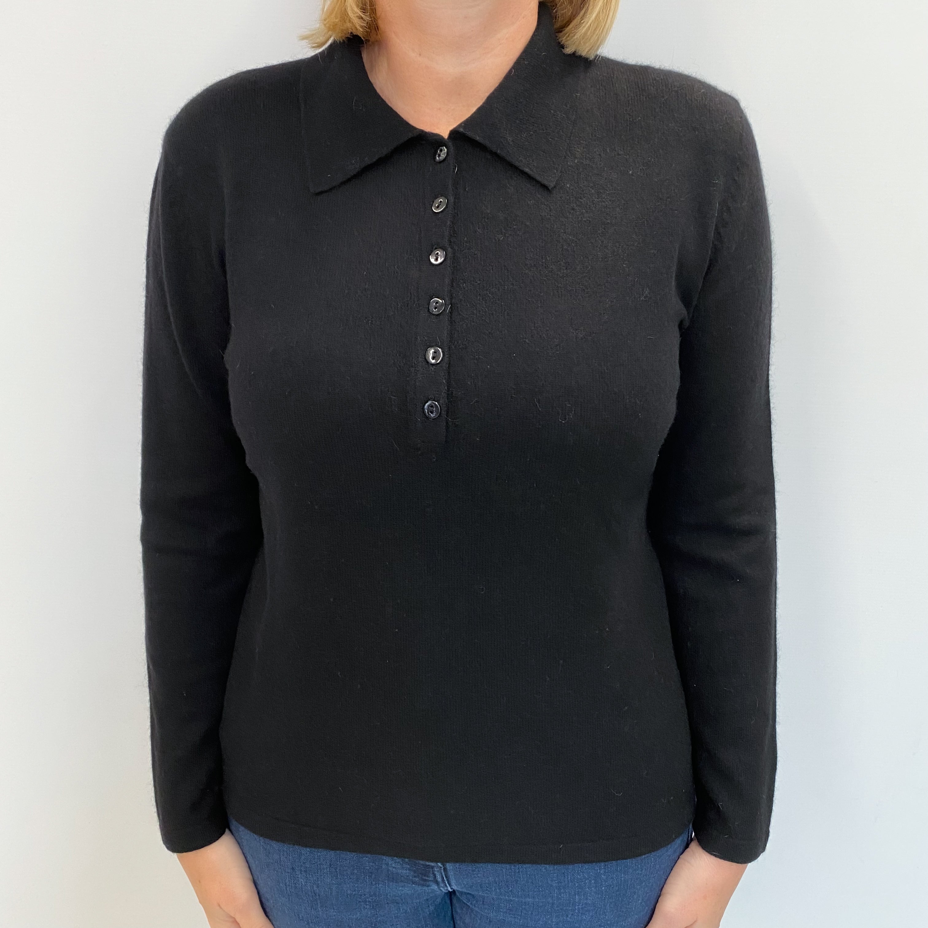 Black Cashmere Collared Button Up V Neck Jumper Large