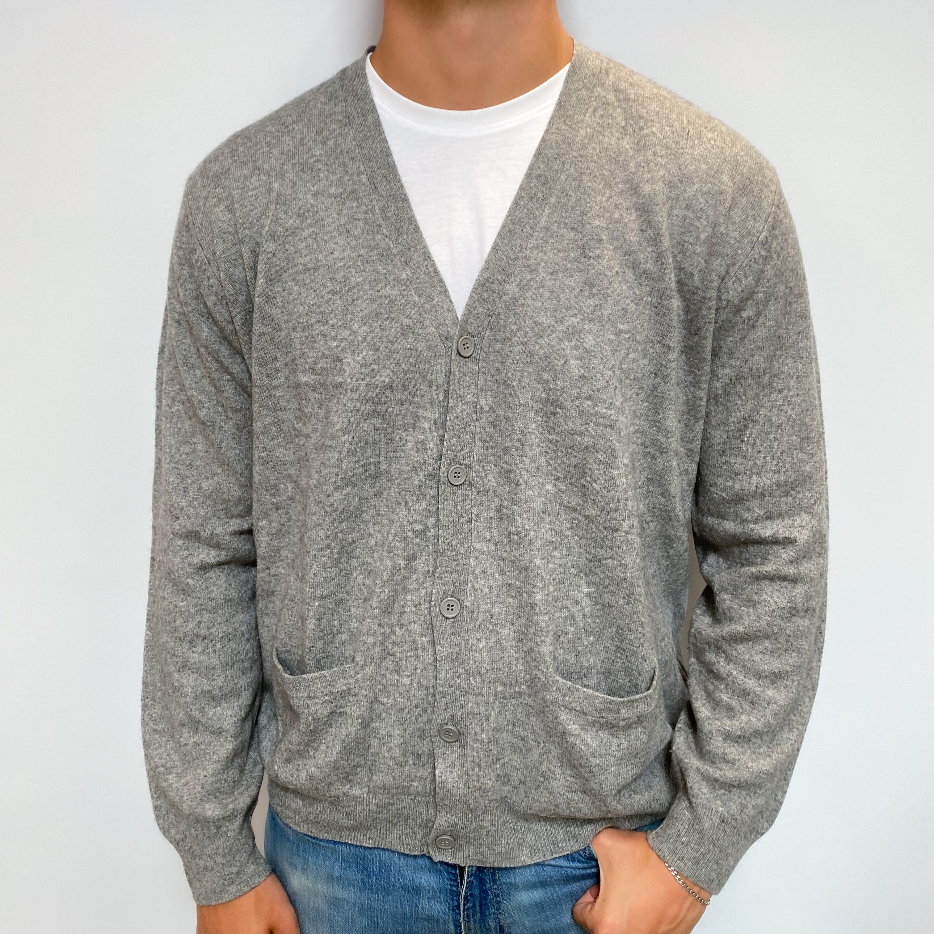 Men's Ash Grey Cashmere V Neck Cardigan with Pockets XL