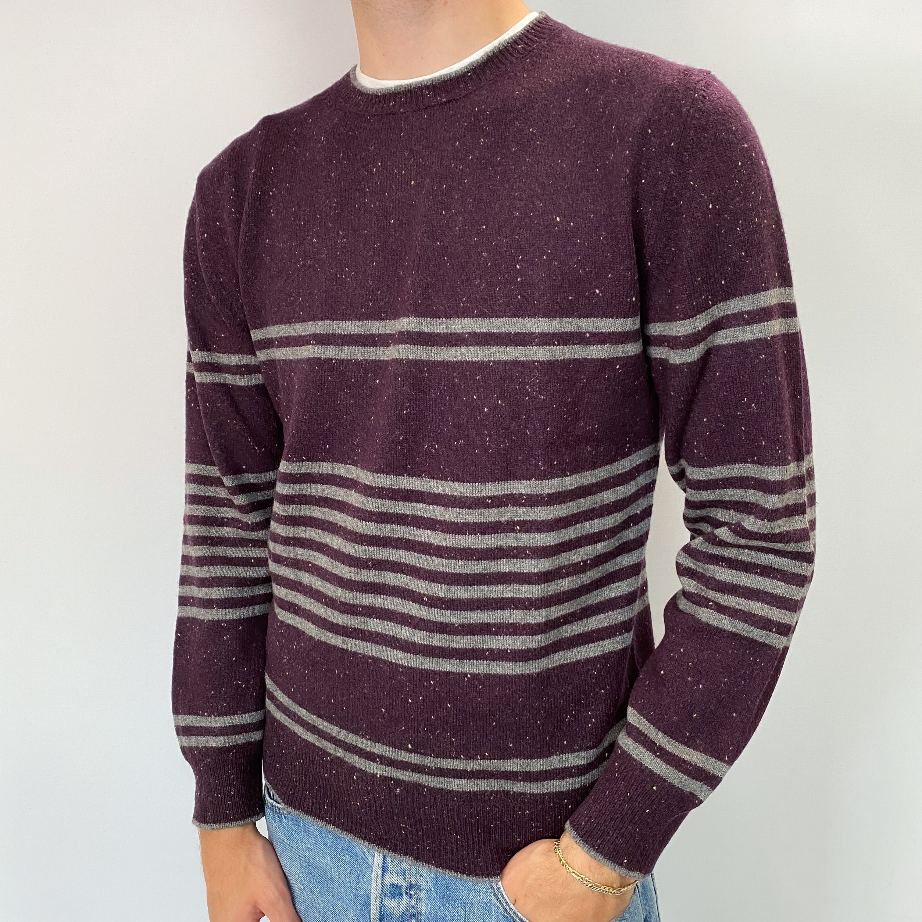 Men's Aubergine Purple Striped Cashmere Crew Neck Jumper Medium
