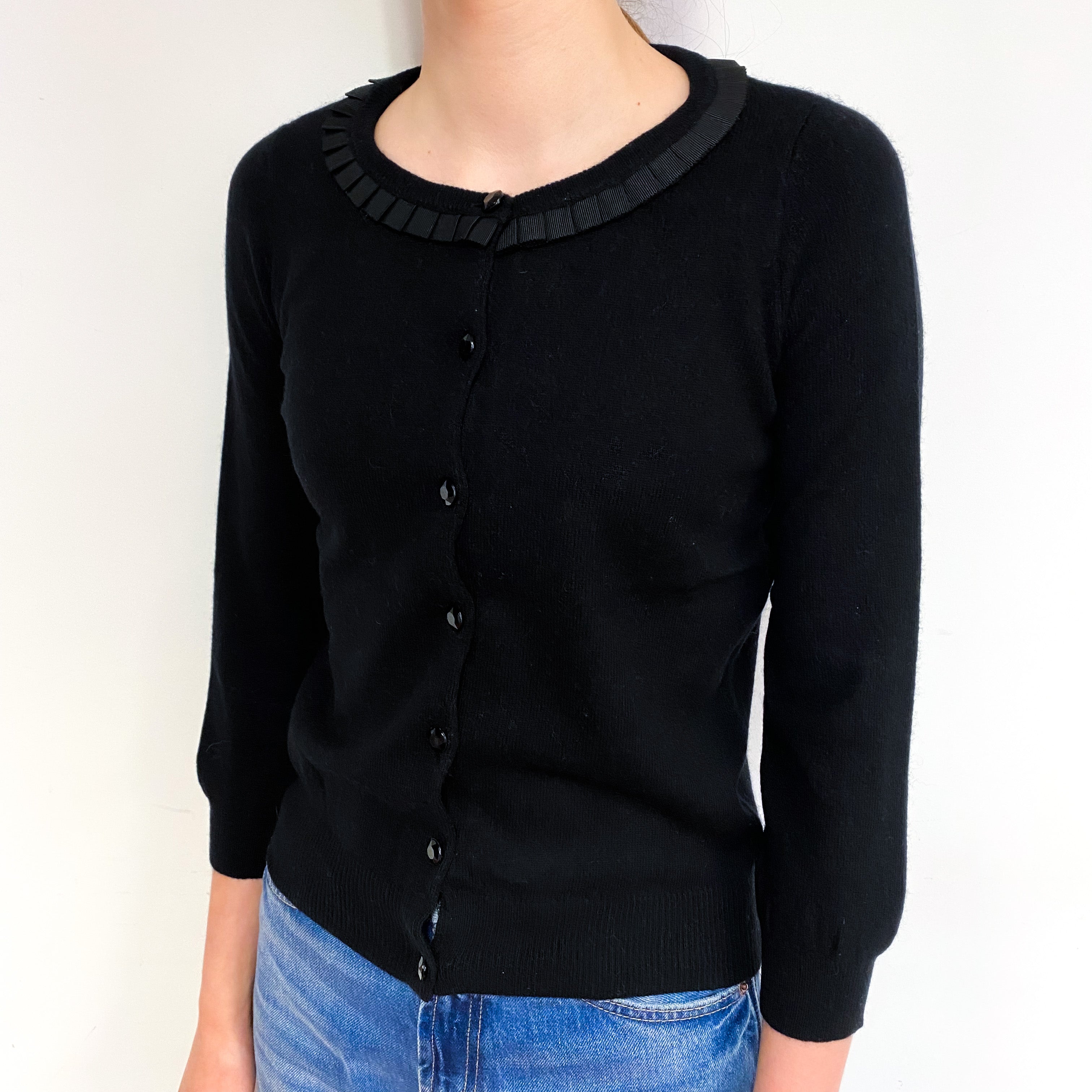 Black Pleat Trimmed Cashmere Crew Neck Cardigan Extra Small