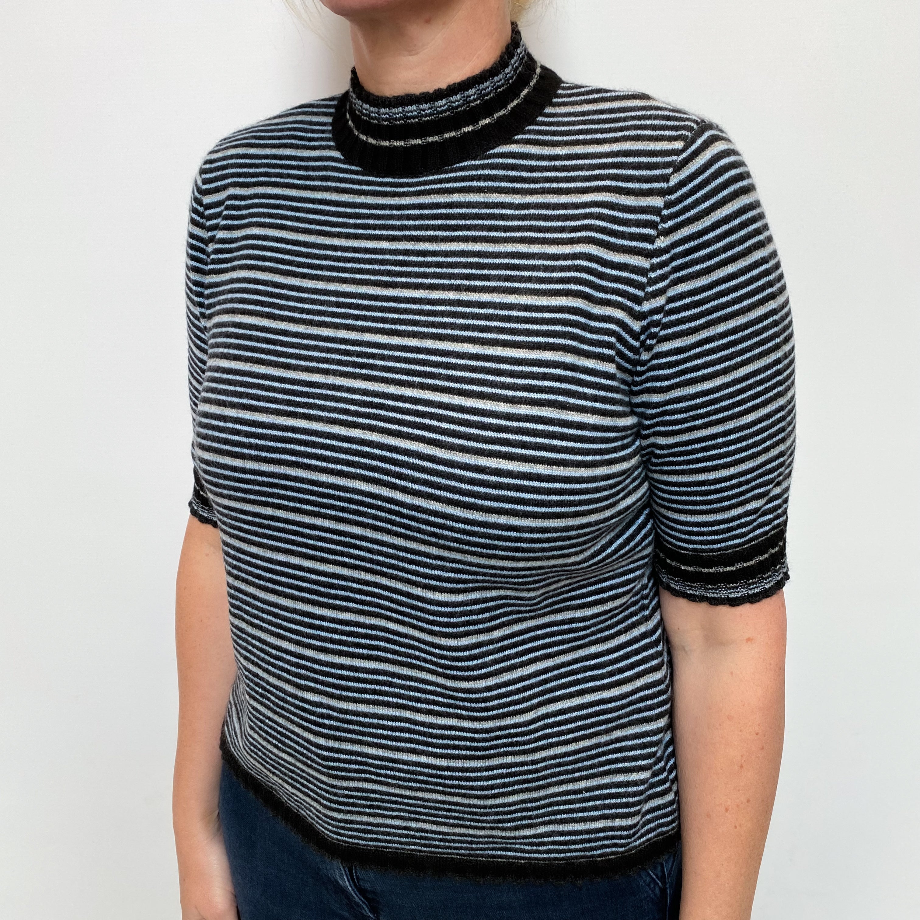 Black Blue Stripe Cashmere Short Sleeve Turtle Neck Jumper Large