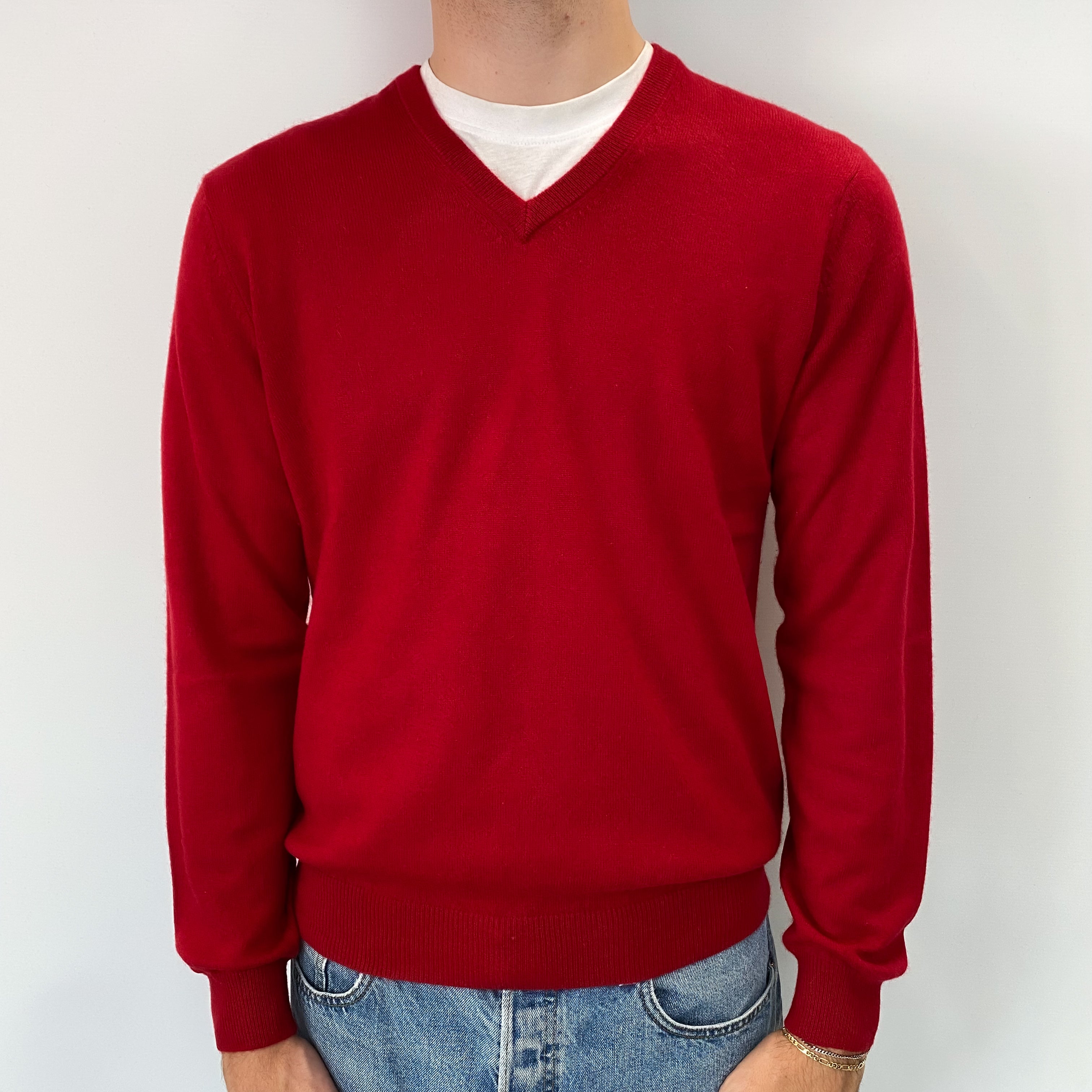 Men's Post Box Red Cashmere V Neck Jumper Medium