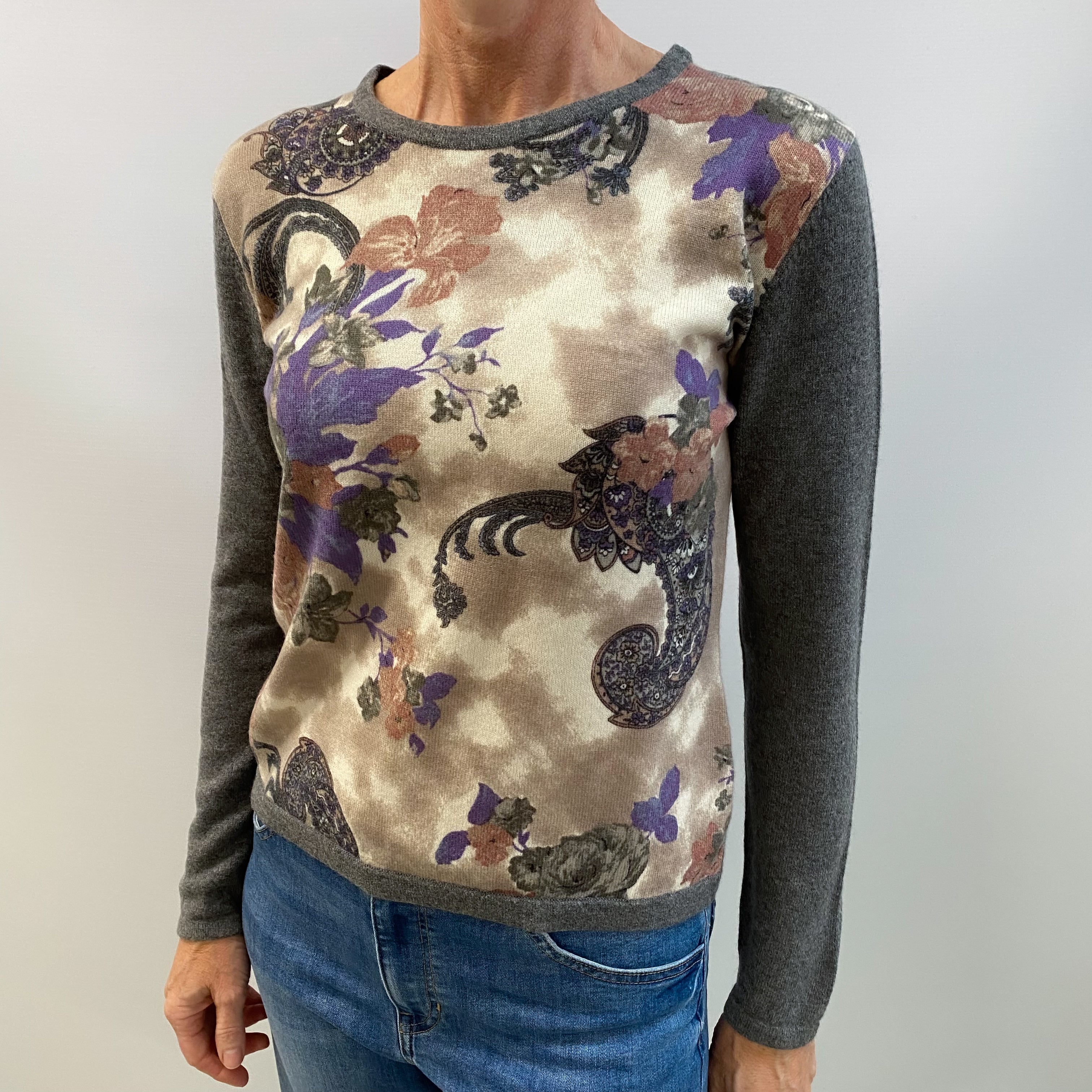 Slate Grey Floral Cashmere Crew Neck Jumper Small