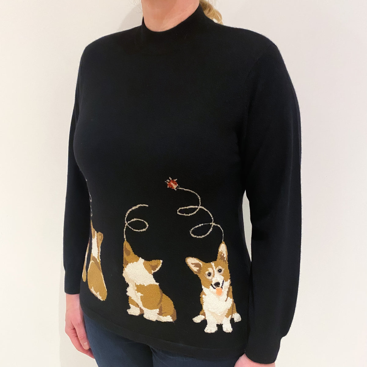 Black Corgi Design Cashmere Turtle Neck Jumper Large