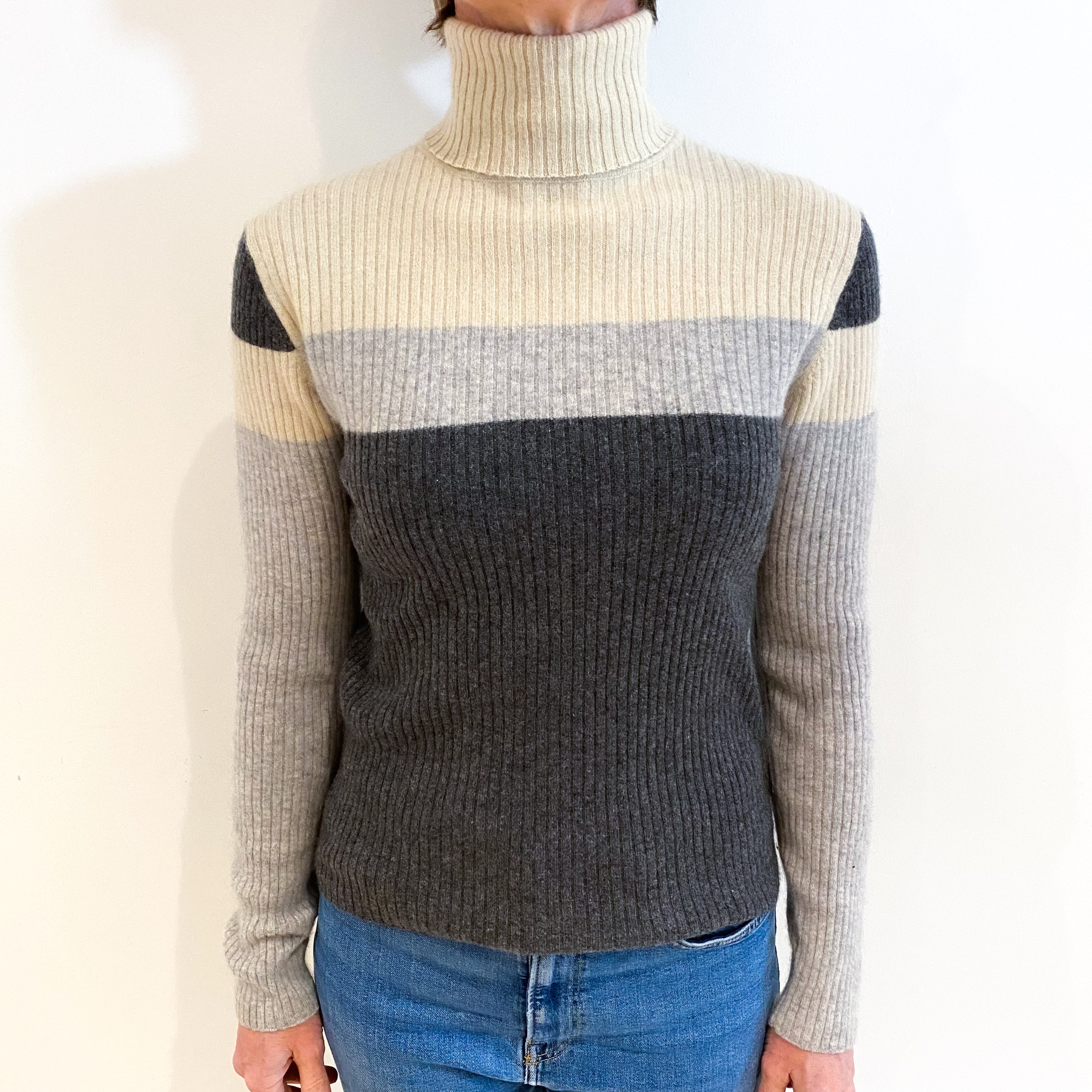 Grey and Oatmeal Rib Cashmere Polo Neck Jumper Small
