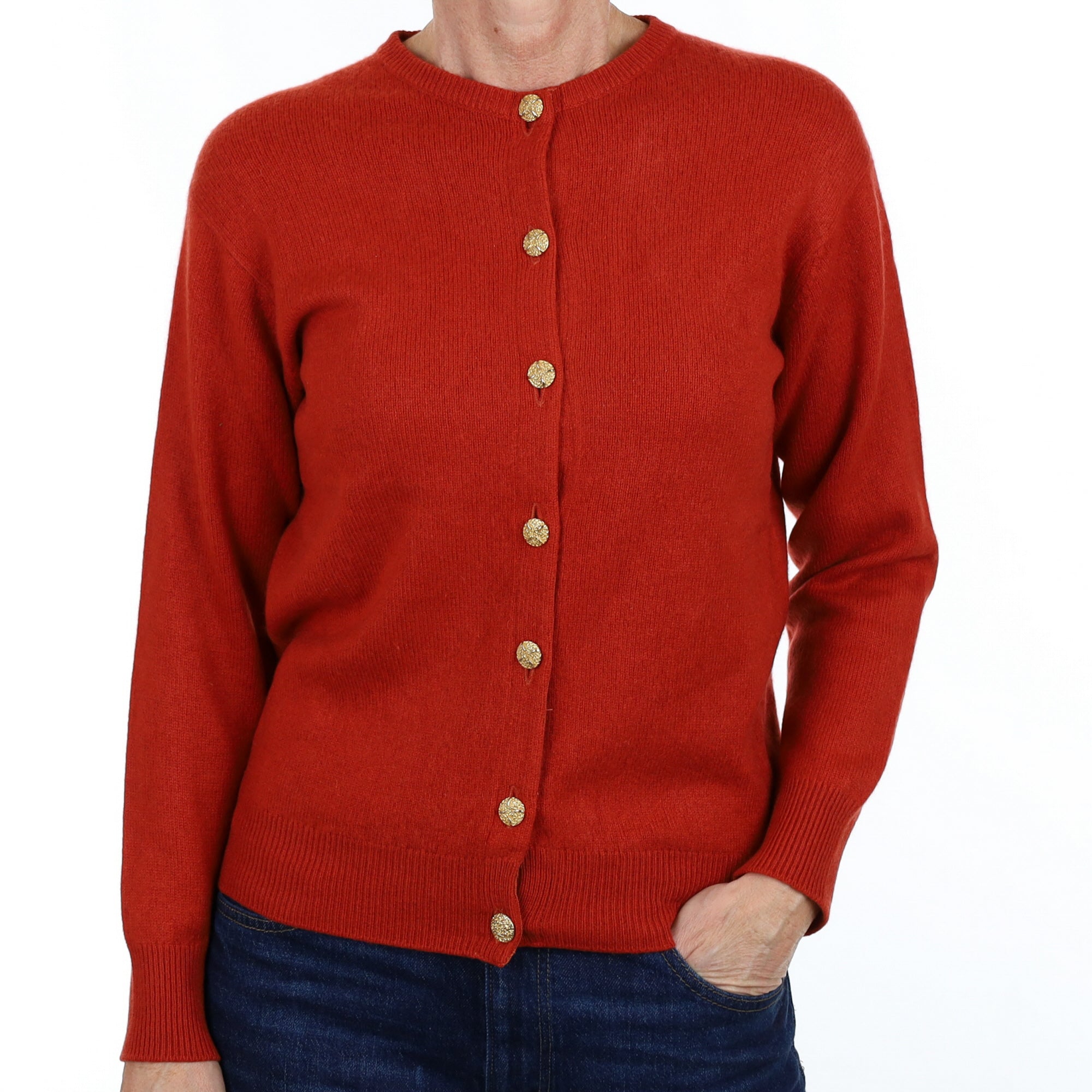 Vintage Scottish Rust Orange Cashmere Crew Neck Cardigan Small