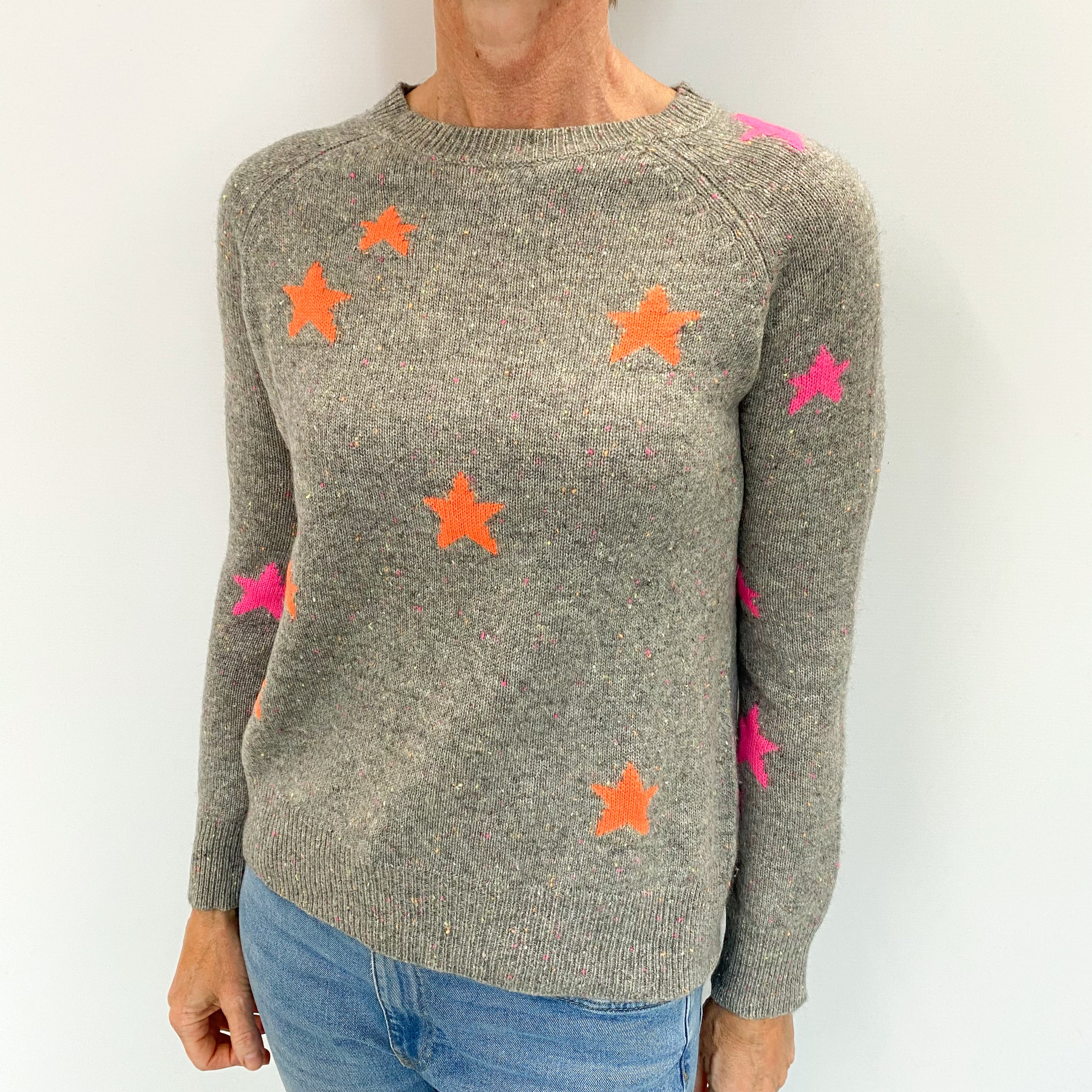 Grey Flecked Starry Cashmere Crew Neck Jumper Small