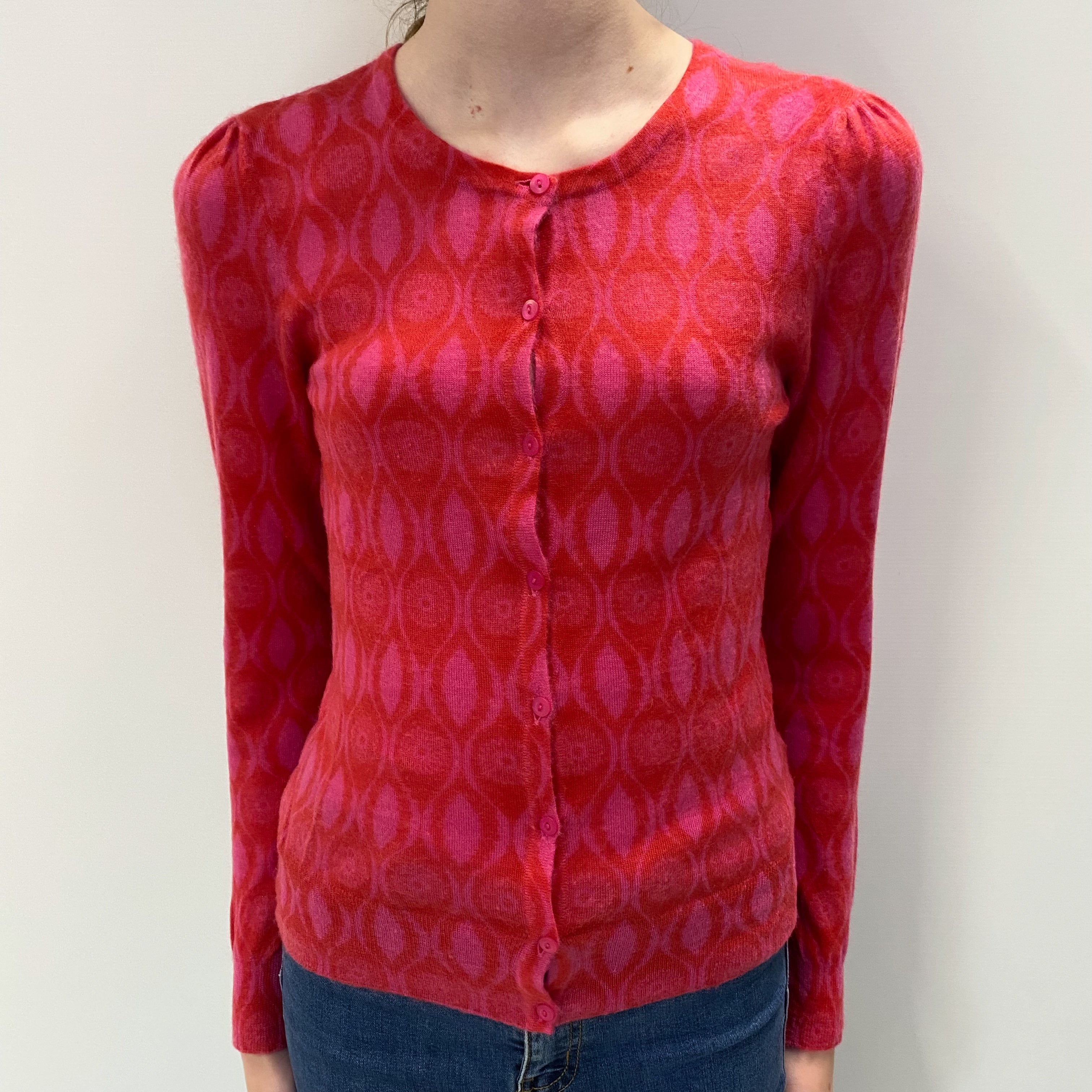 Red and Pink Patterned Cashmere Crew Cardigan Extra Small