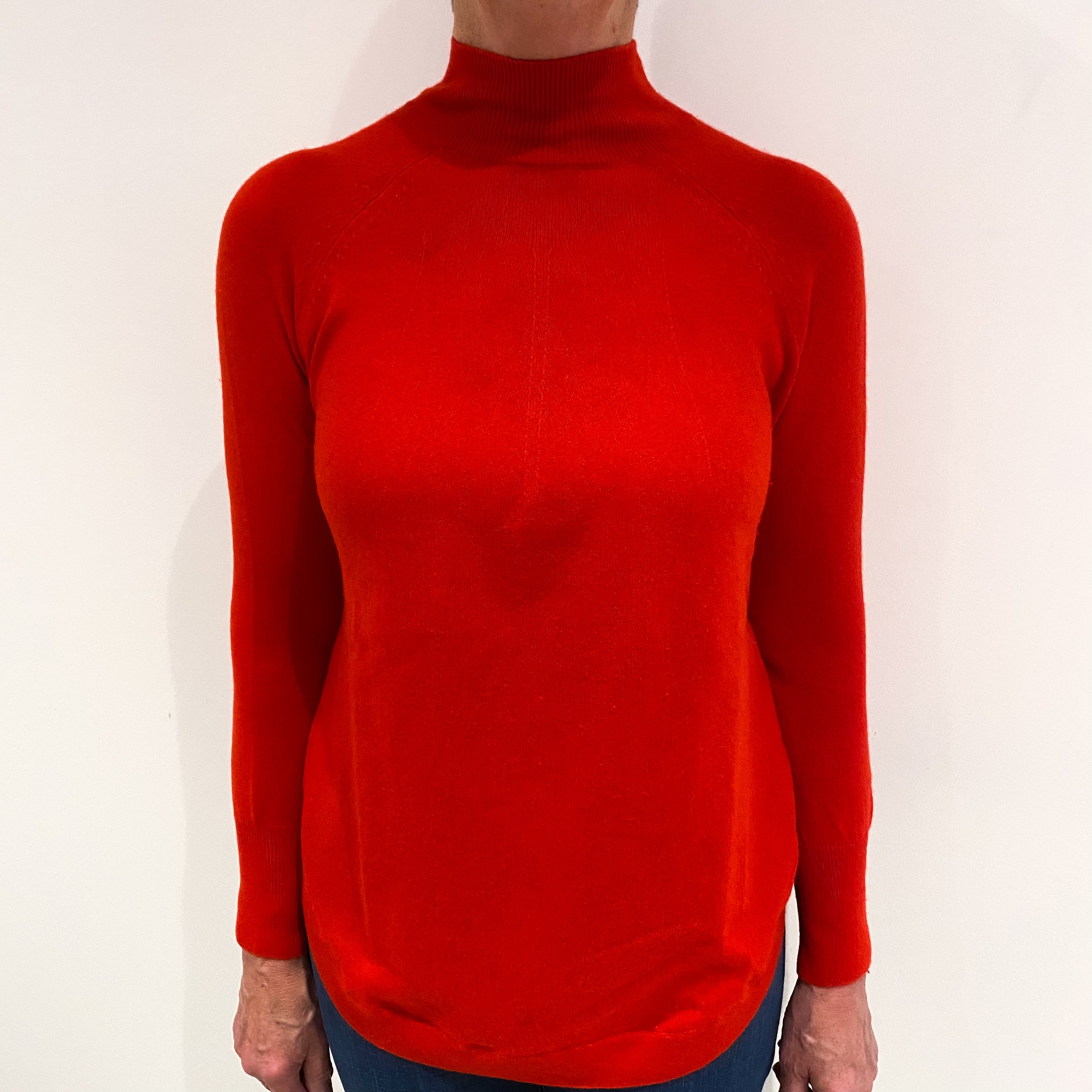 Vermillion Red Cashmere Scooped Hem Polo Neck Jumper Medium