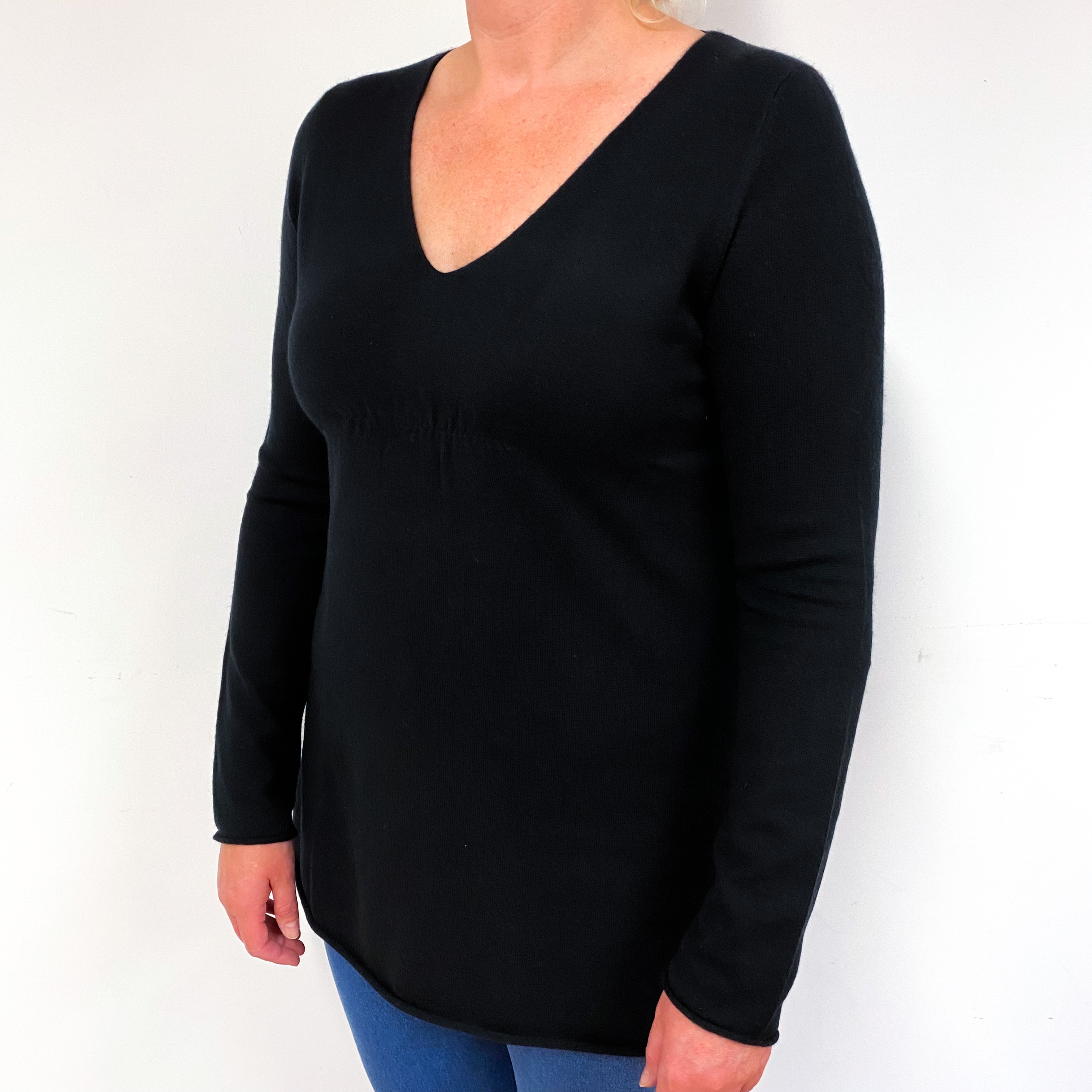Black Cashmere V-Neck Tunic Jumper Large