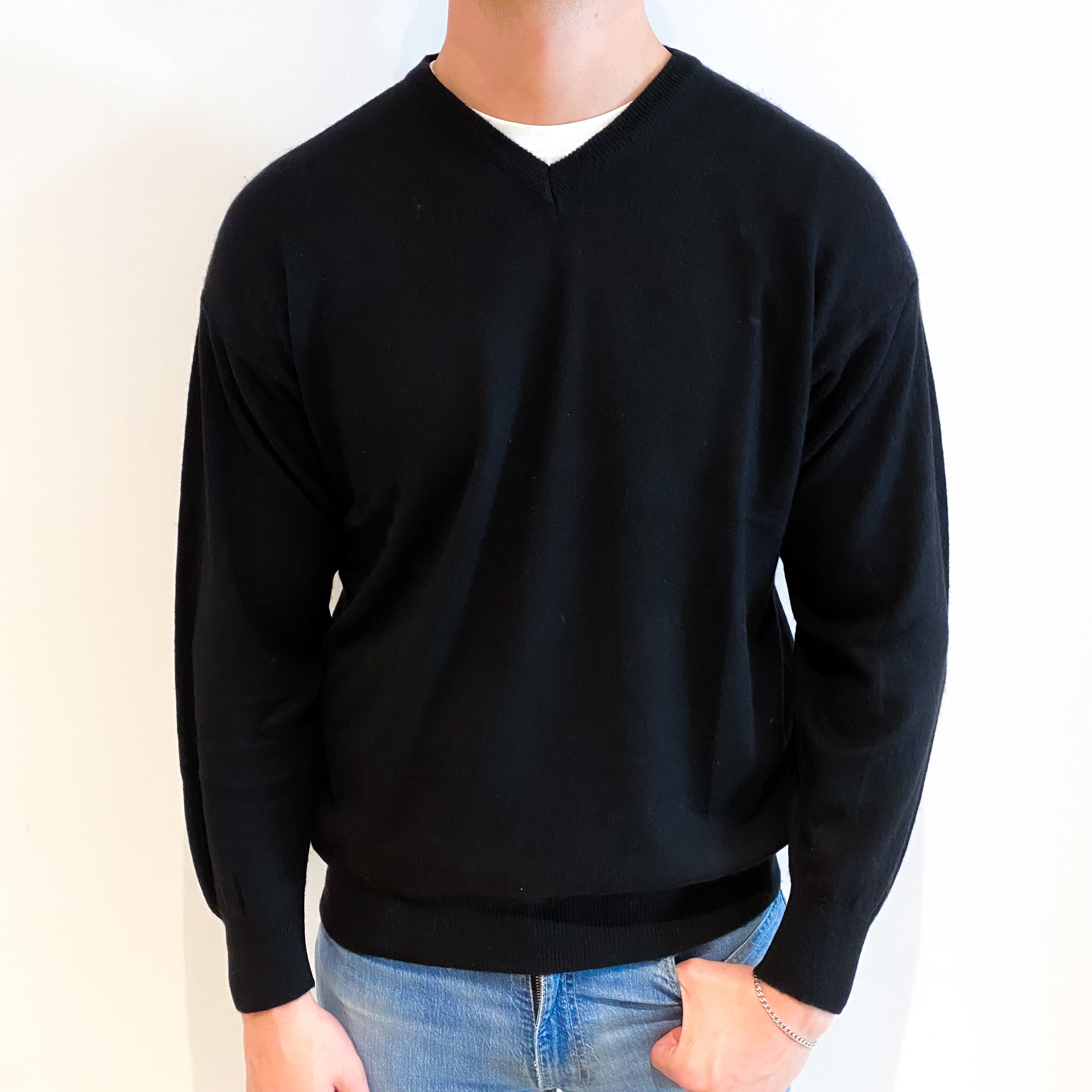 Men's Smoke Black Cashmere V Neck Jumper XL