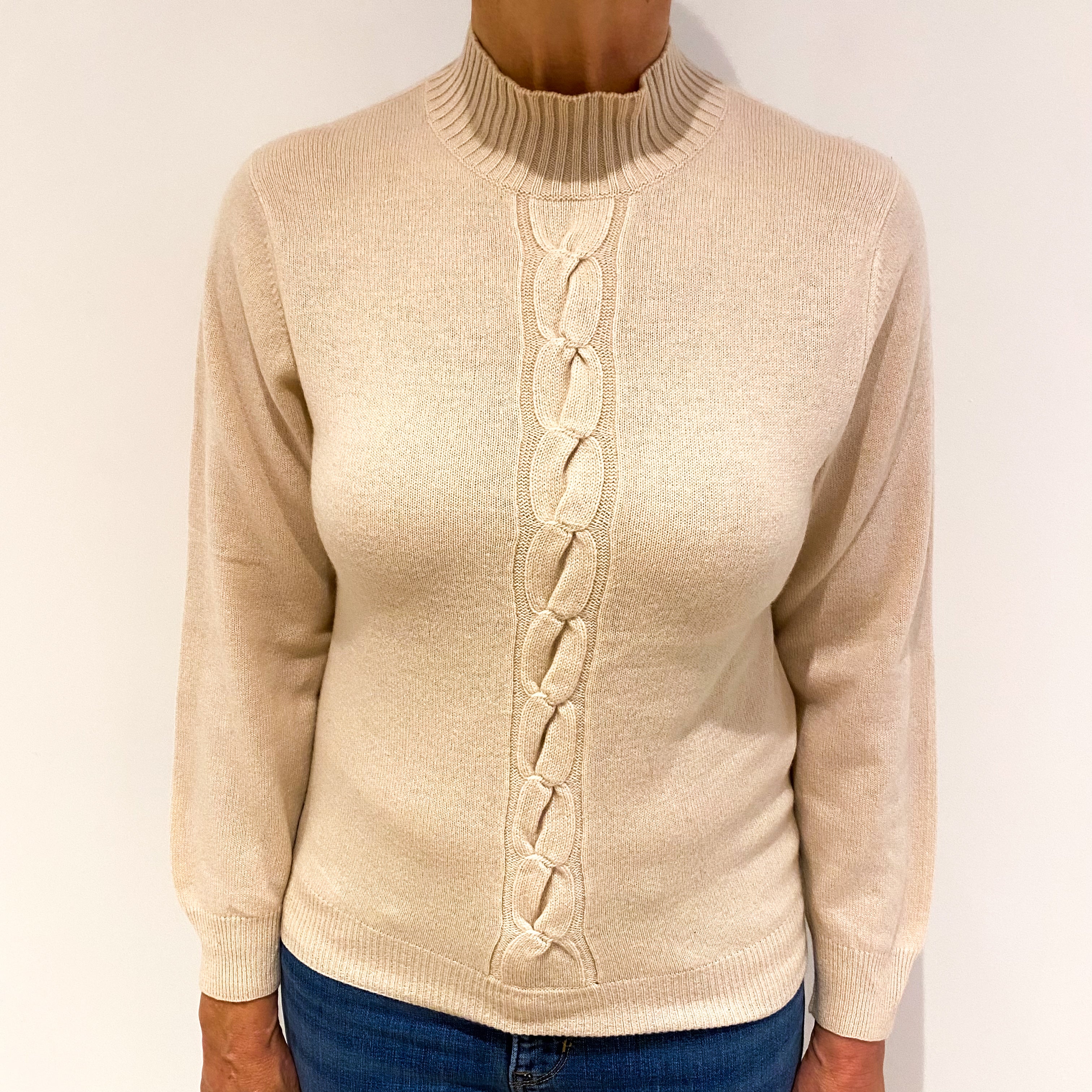 Sand Beige Cable Detail Cashmere Turtle Neck Jumper Medium