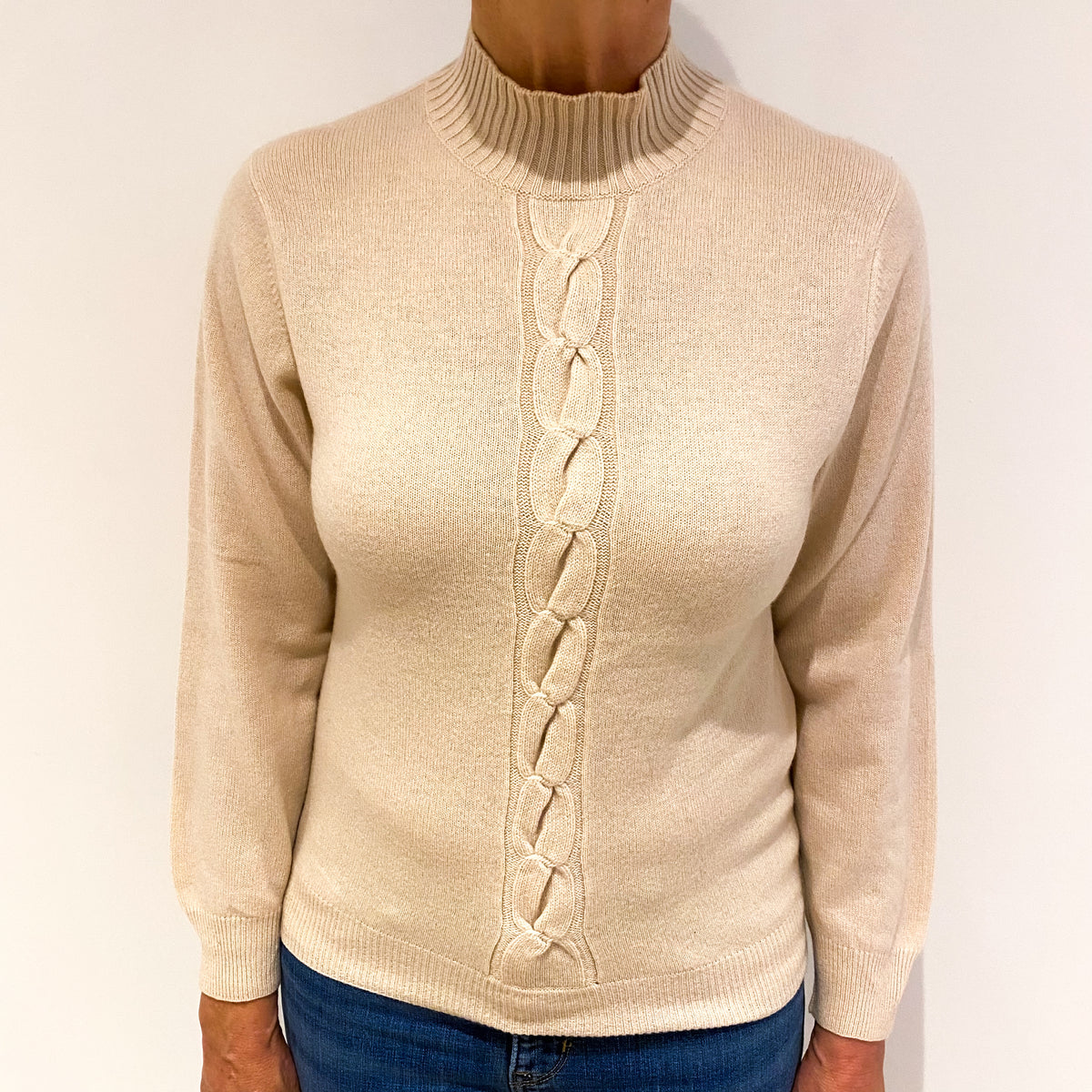 Sand Beige Cable Detail Cashmere Turtle Neck Jumper Medium