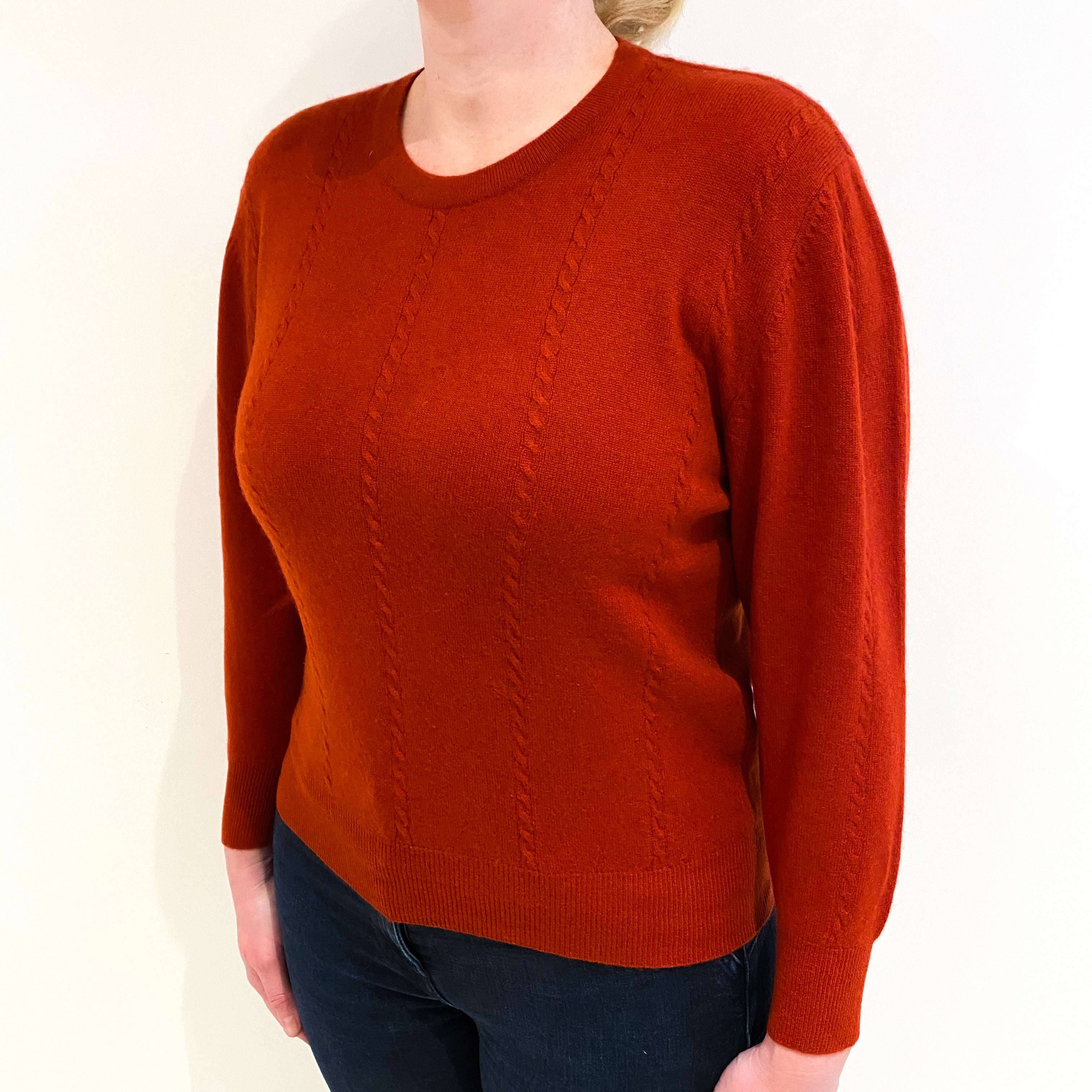Rust Red Cabled Cashmere Crew Neck Jumper Large