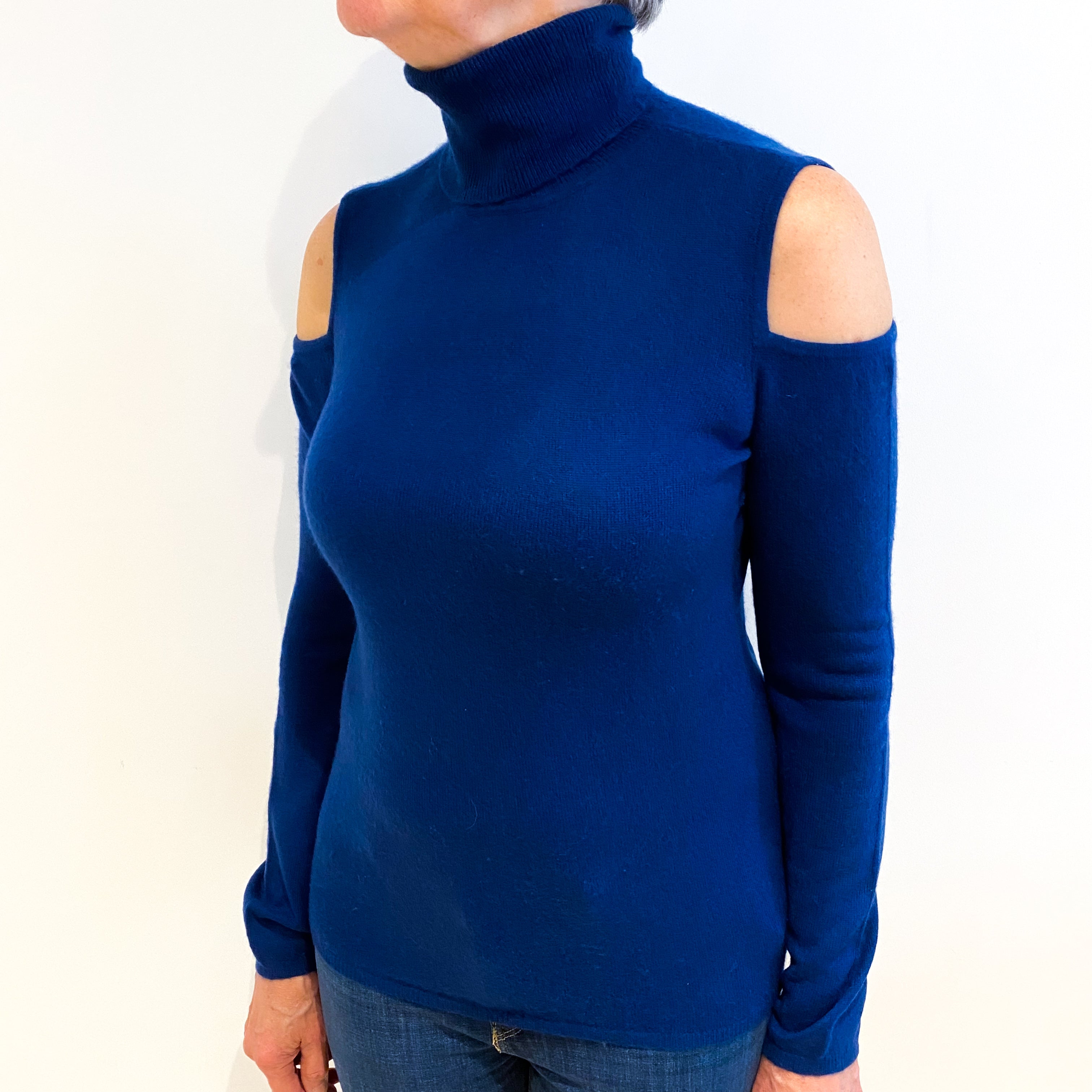 French Navy Cashmere Polo Neck Open Shoulder Jumper Medium