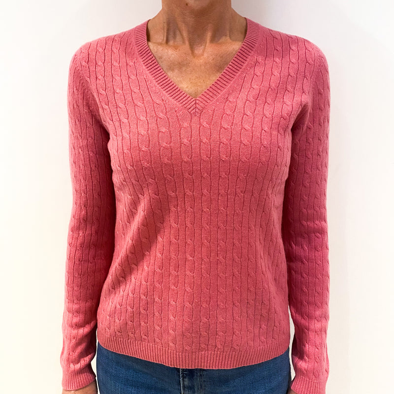 Lupin Pink Cable Knit Cashmere V-Neck Jumper Small