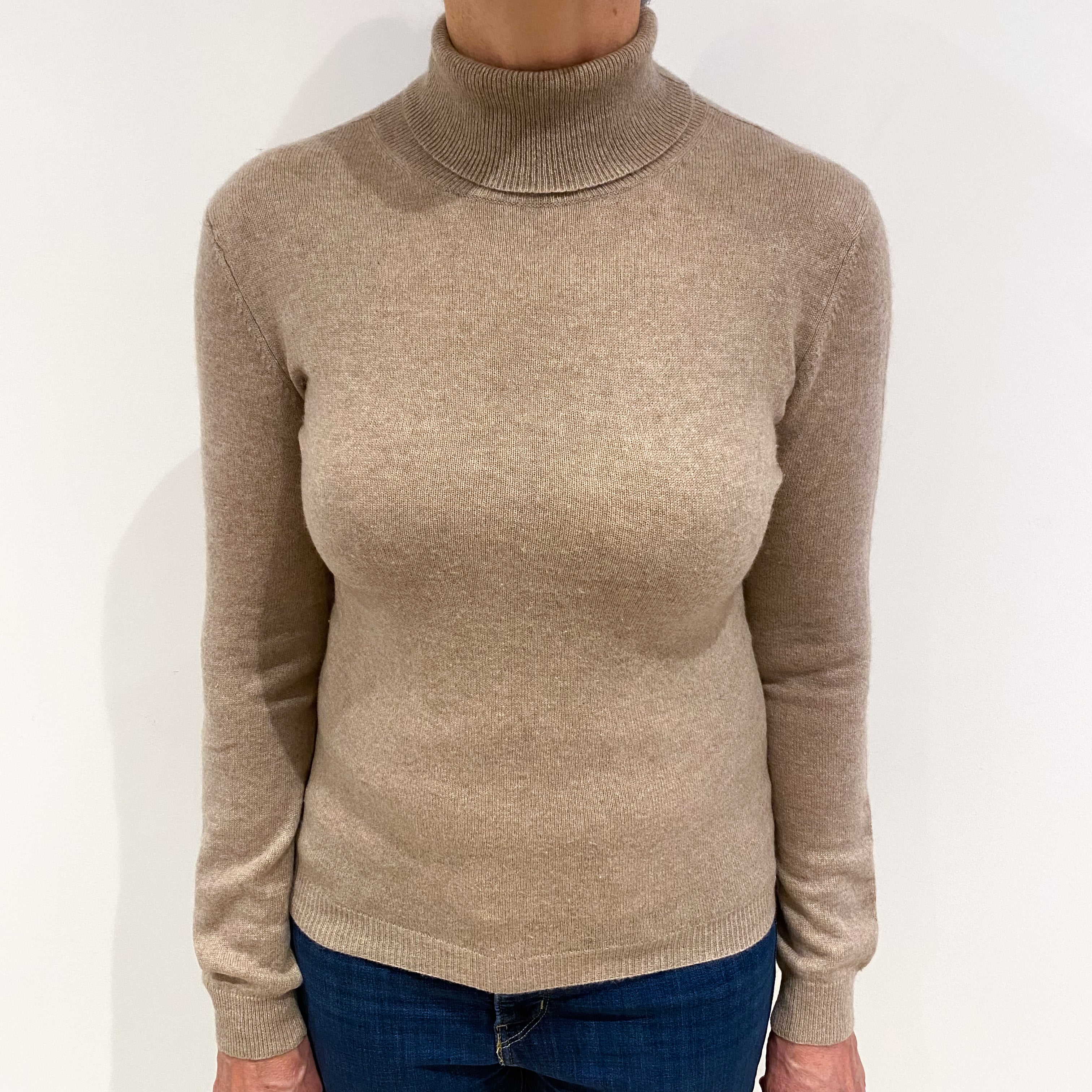 Biscuit Brown Cashmere Polo Neck Jumper Medium