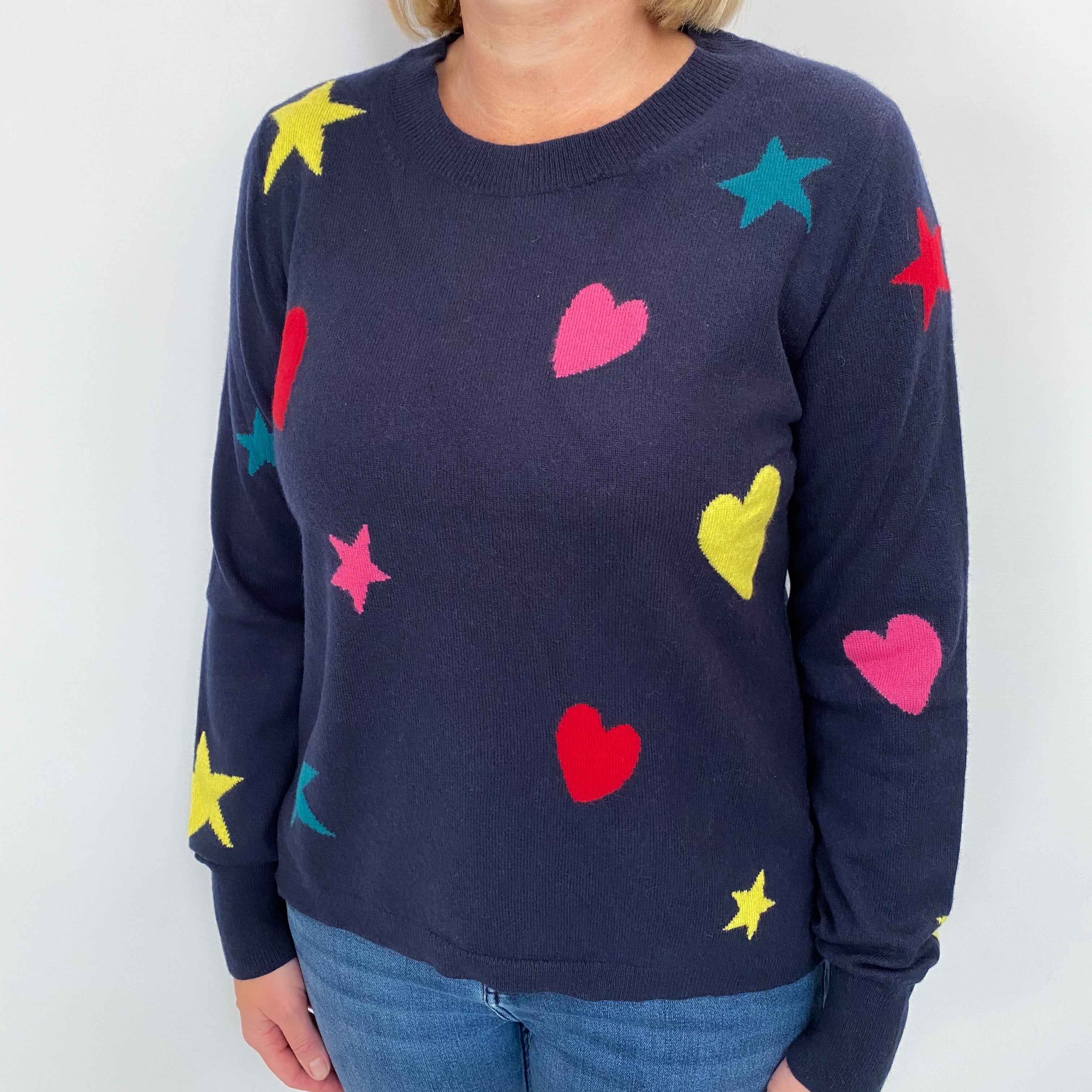 Navy Blue Stars And Hearts Cashmere Crew Neck Jumper Large