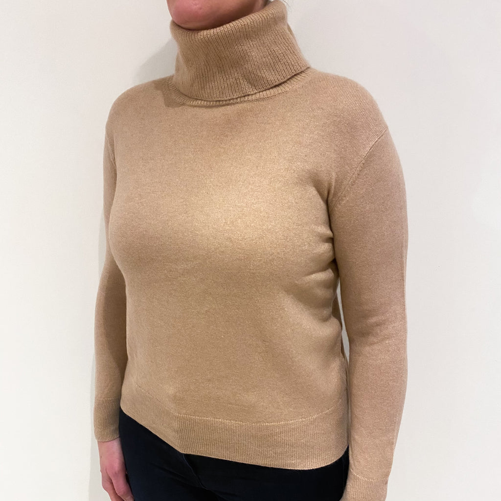 Buff Beige Cashmere Polo Neck Jumper Large