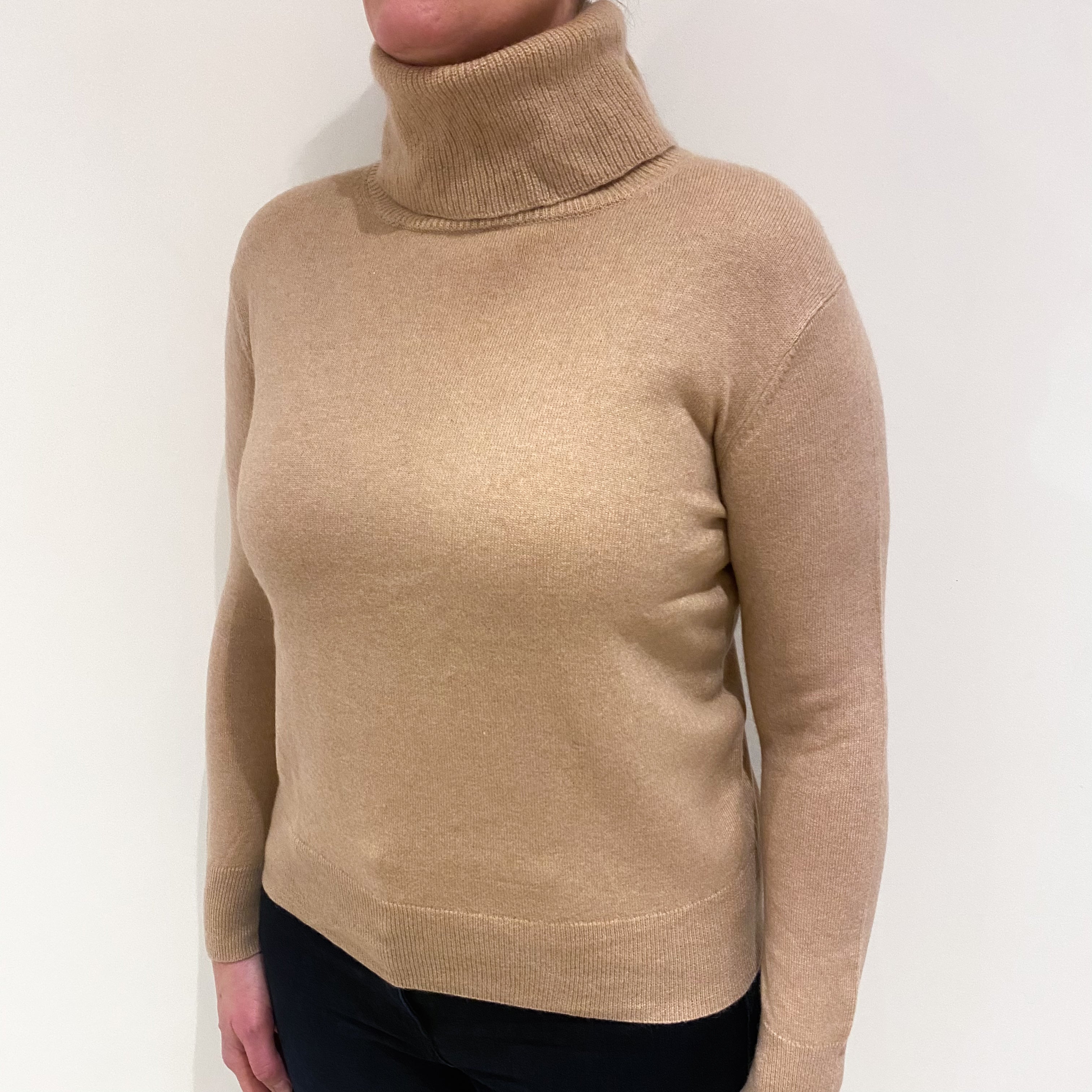 Buff Beige Cashmere Polo Neck Jumper Large