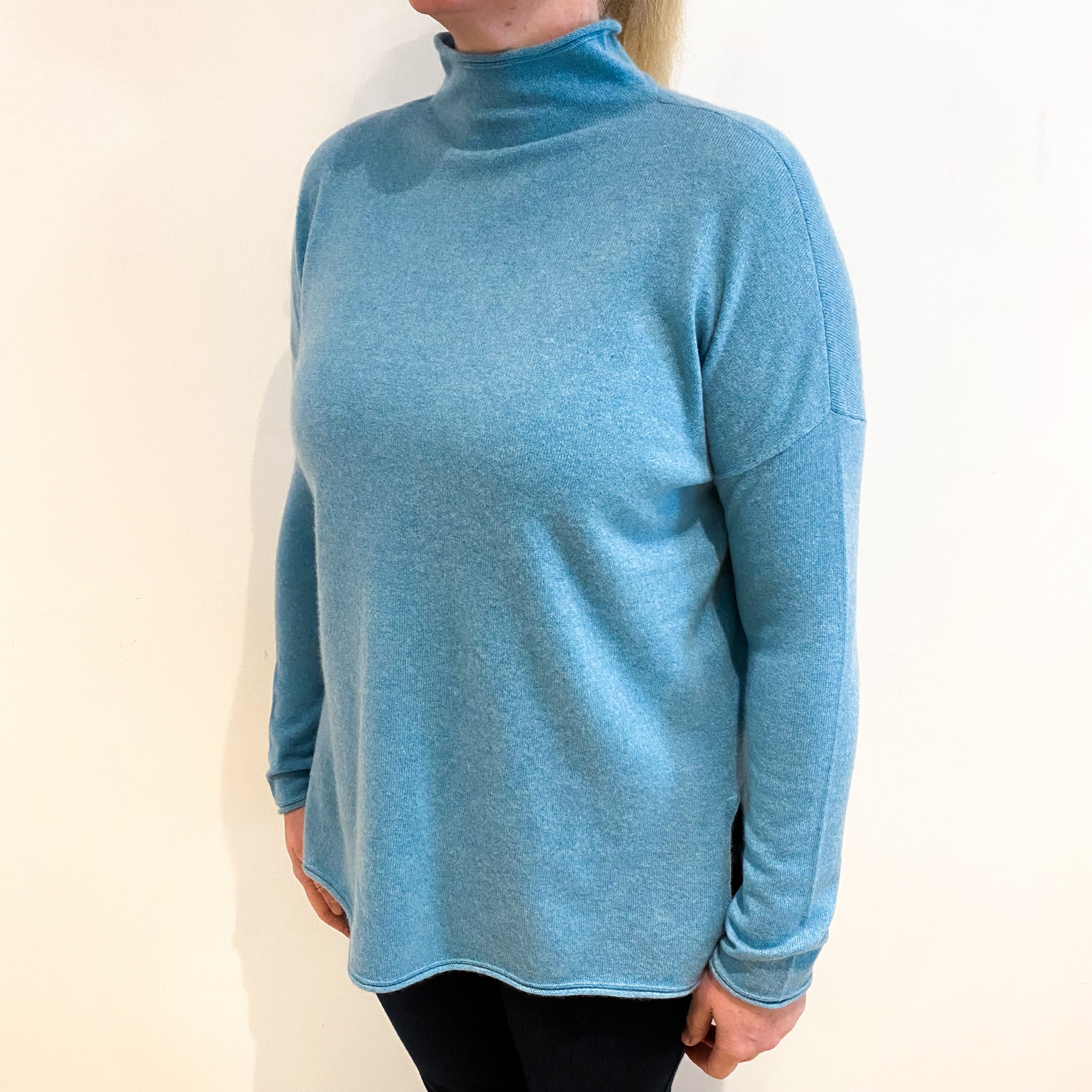 Pale Aqua Cashmere Funnel Neck Jumper Large