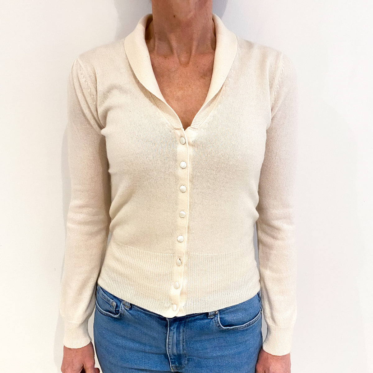 Vanilla Cream Cashmere Collared V Neck Cardigan Small