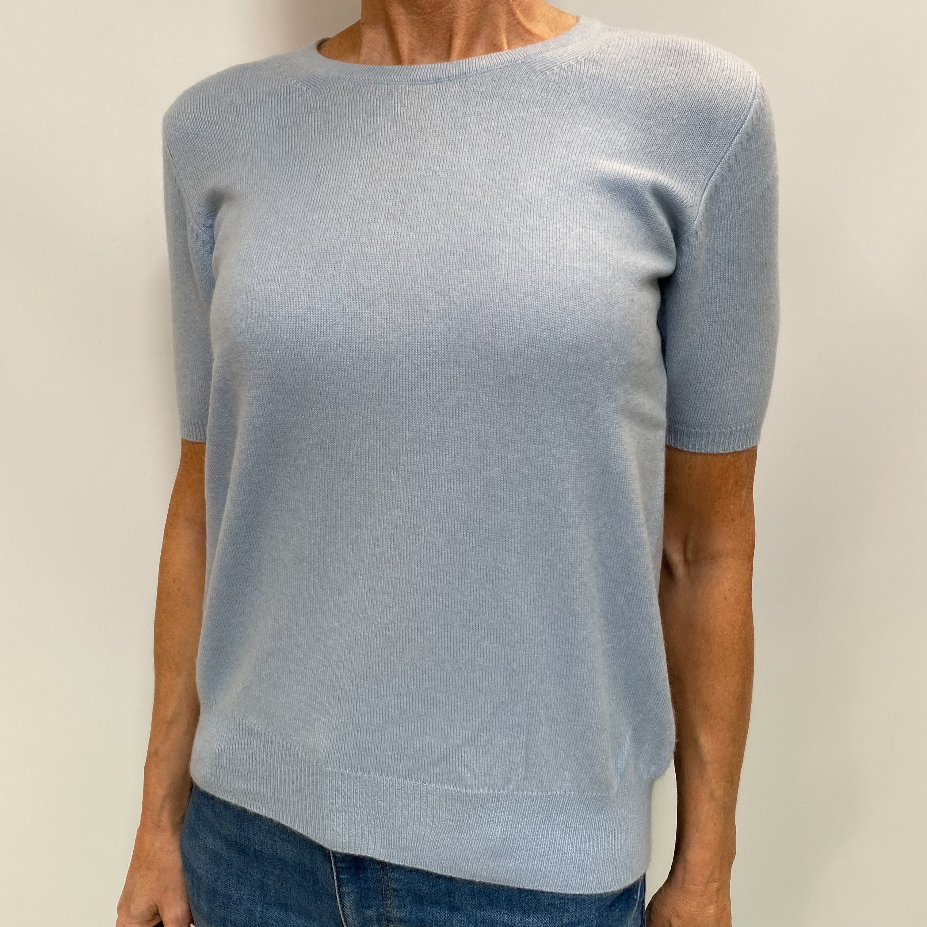 Pale Blue Cashmere Crew Neck Short Sleeved Jumper Small