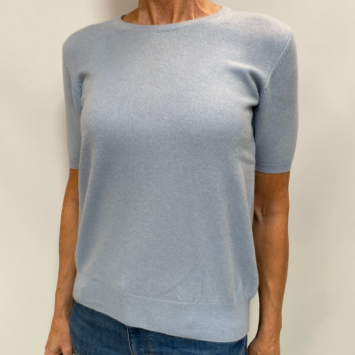 Pale Blue Cashmere Crew Neck Short Sleeved Jumper Small