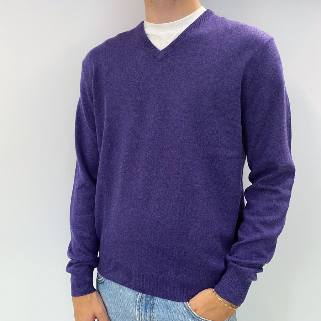 Men's Amethyst Purple Cashmere V Neck Jumper Large