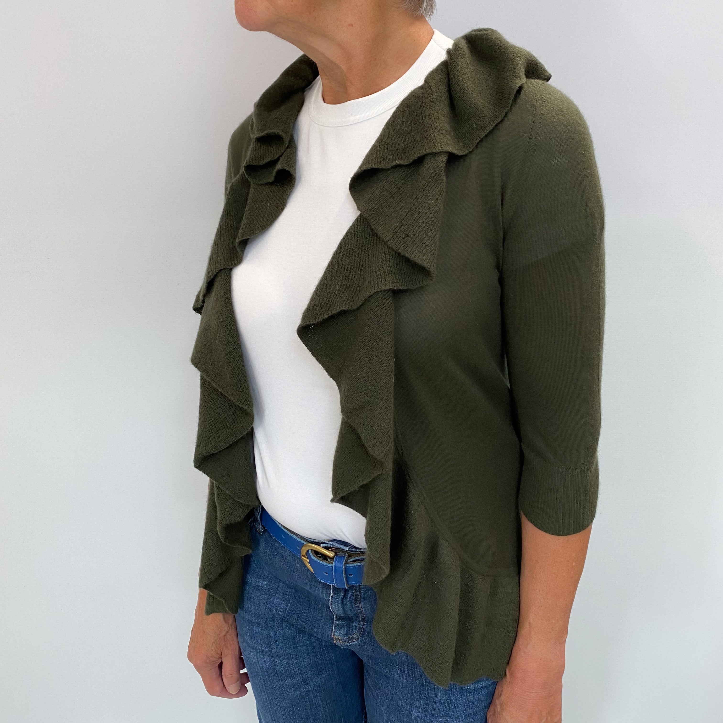 Deep Khaki Green Cashmere Edge To Edge Cardigan Medium