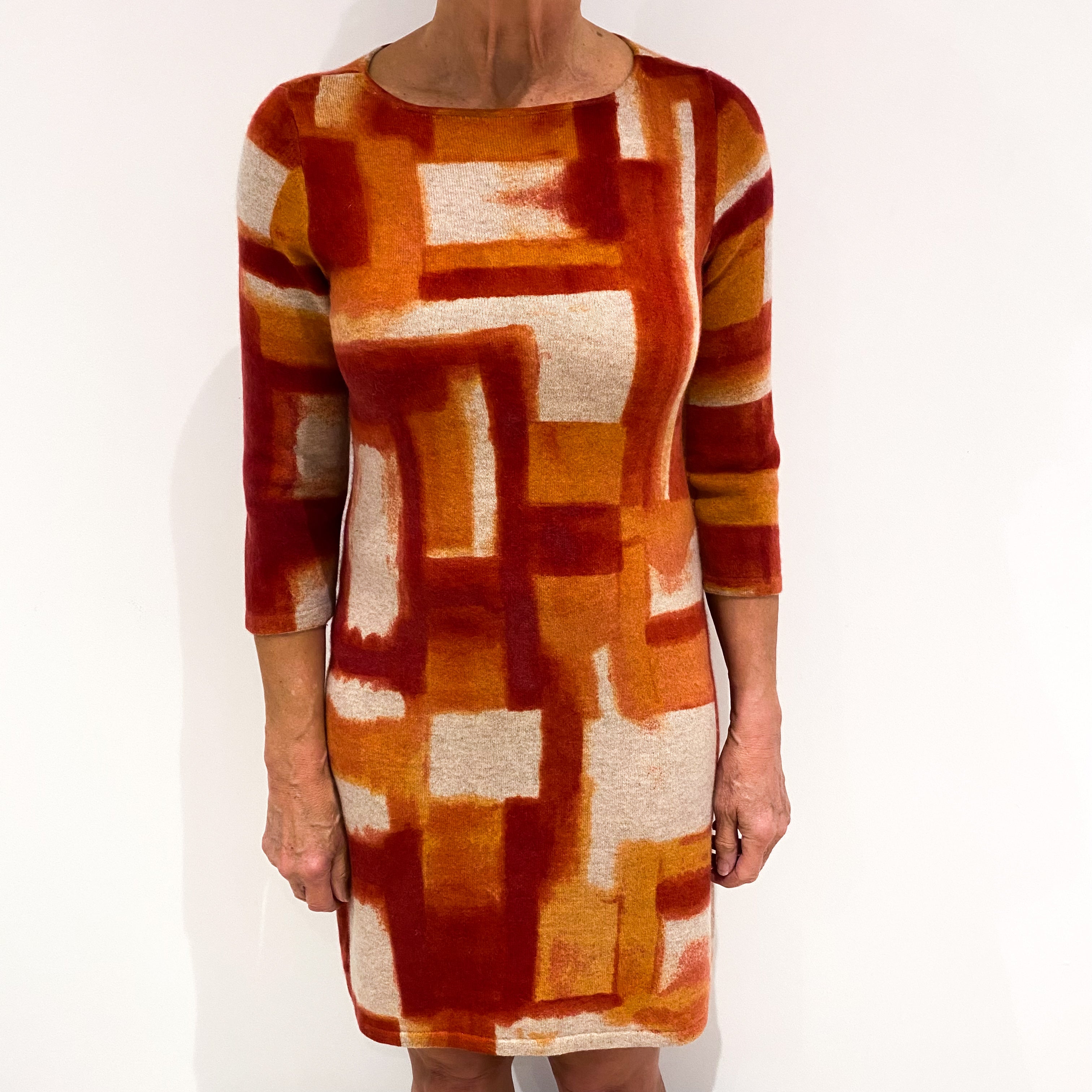 Red and Orange Patterned Cashmere Wide Crew Neck Dress Medium
