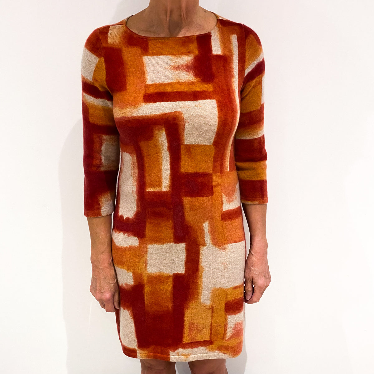 Red and Orange Patterned Cashmere Wide Crew Neck Dress Medium