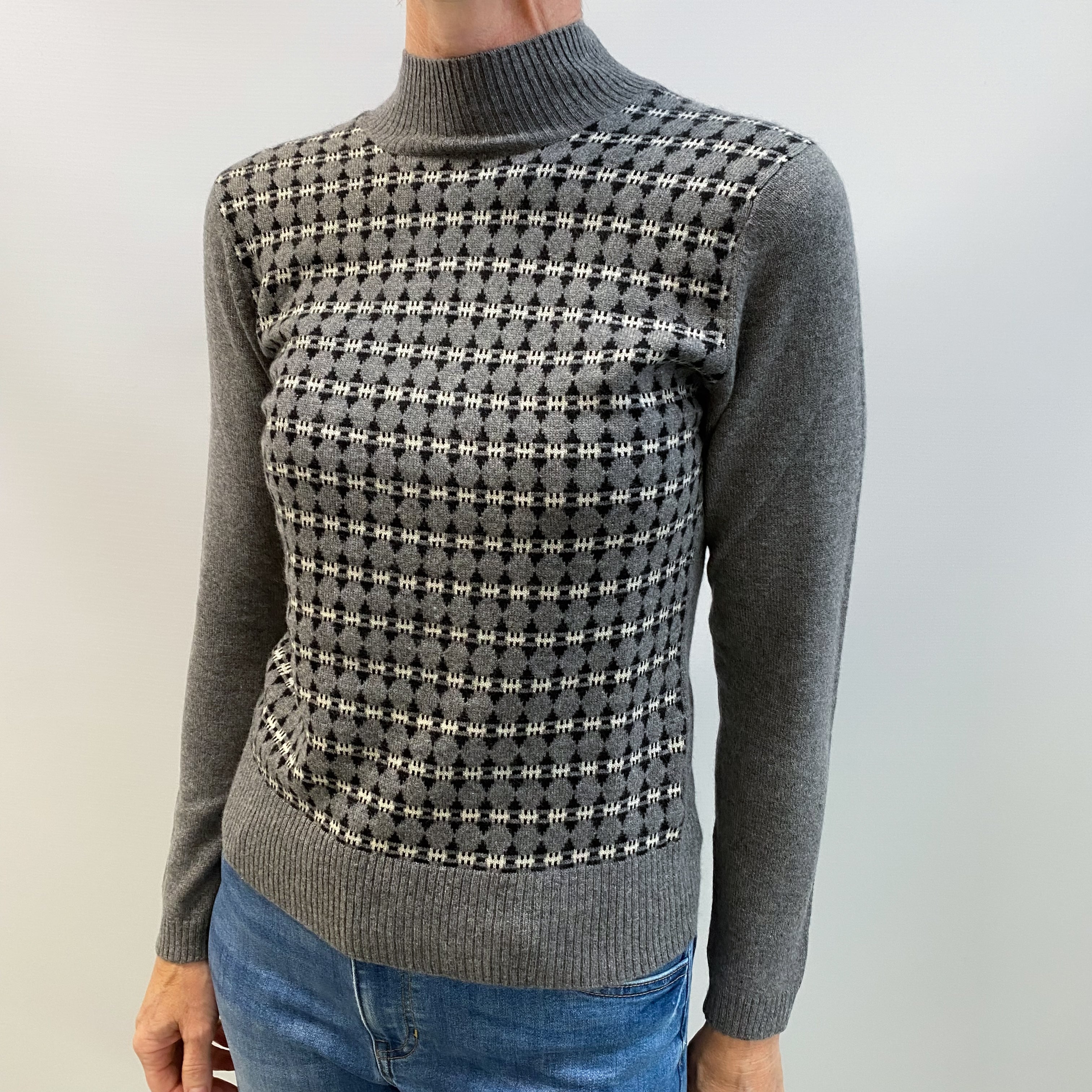 Slate Grey Patterned Cashmere Polo Neck Jumper Small