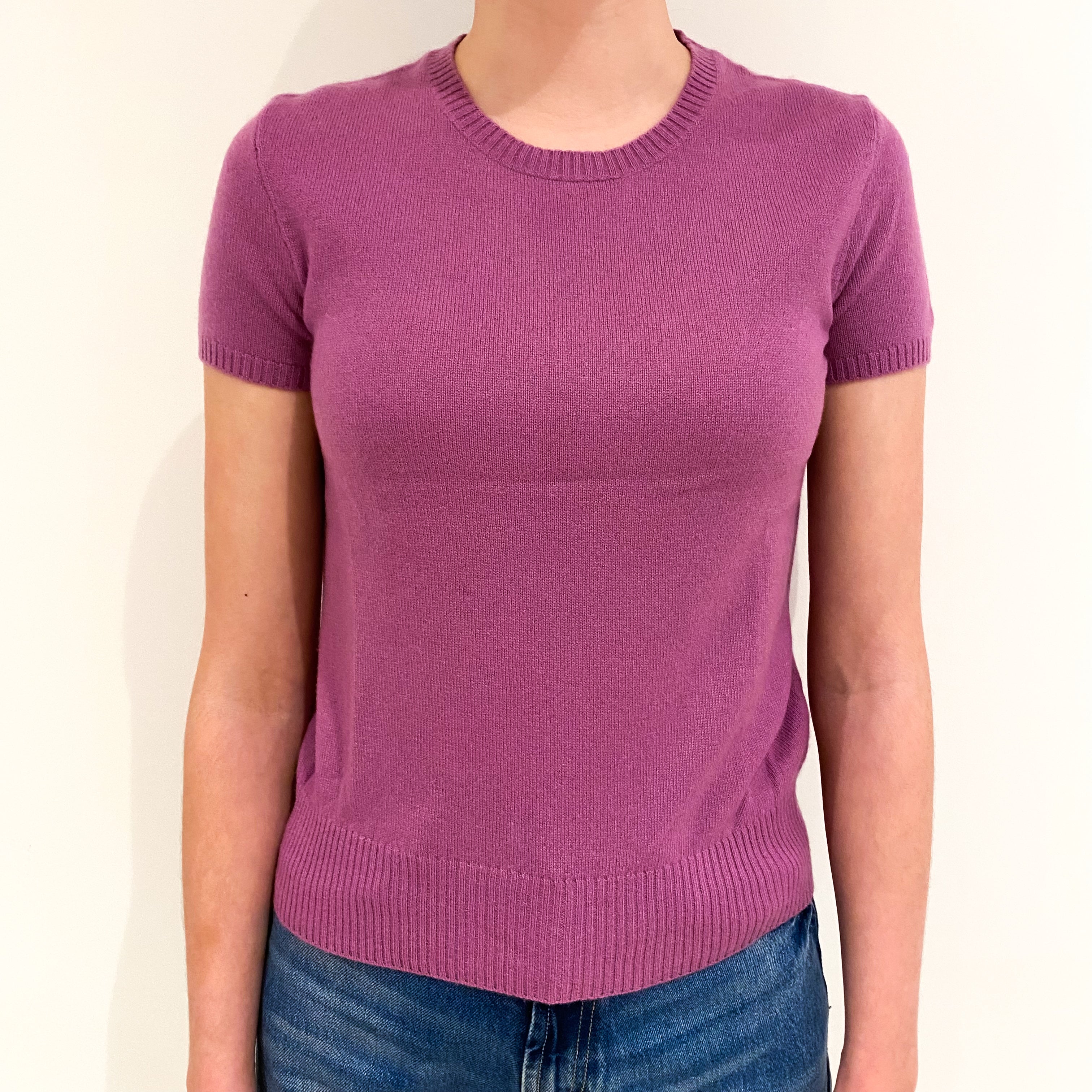Loganberry Pink Short Sleeved Cashmere Crew Neck Jumper Extra Small