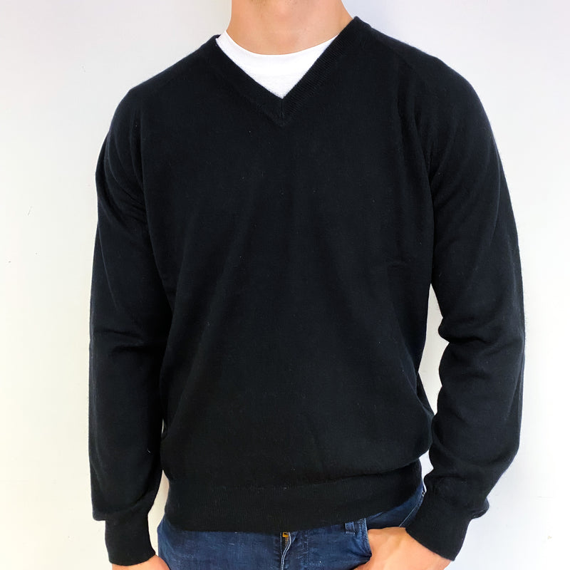 Men's Black Cashmere V-Neck Jumper Extra Large