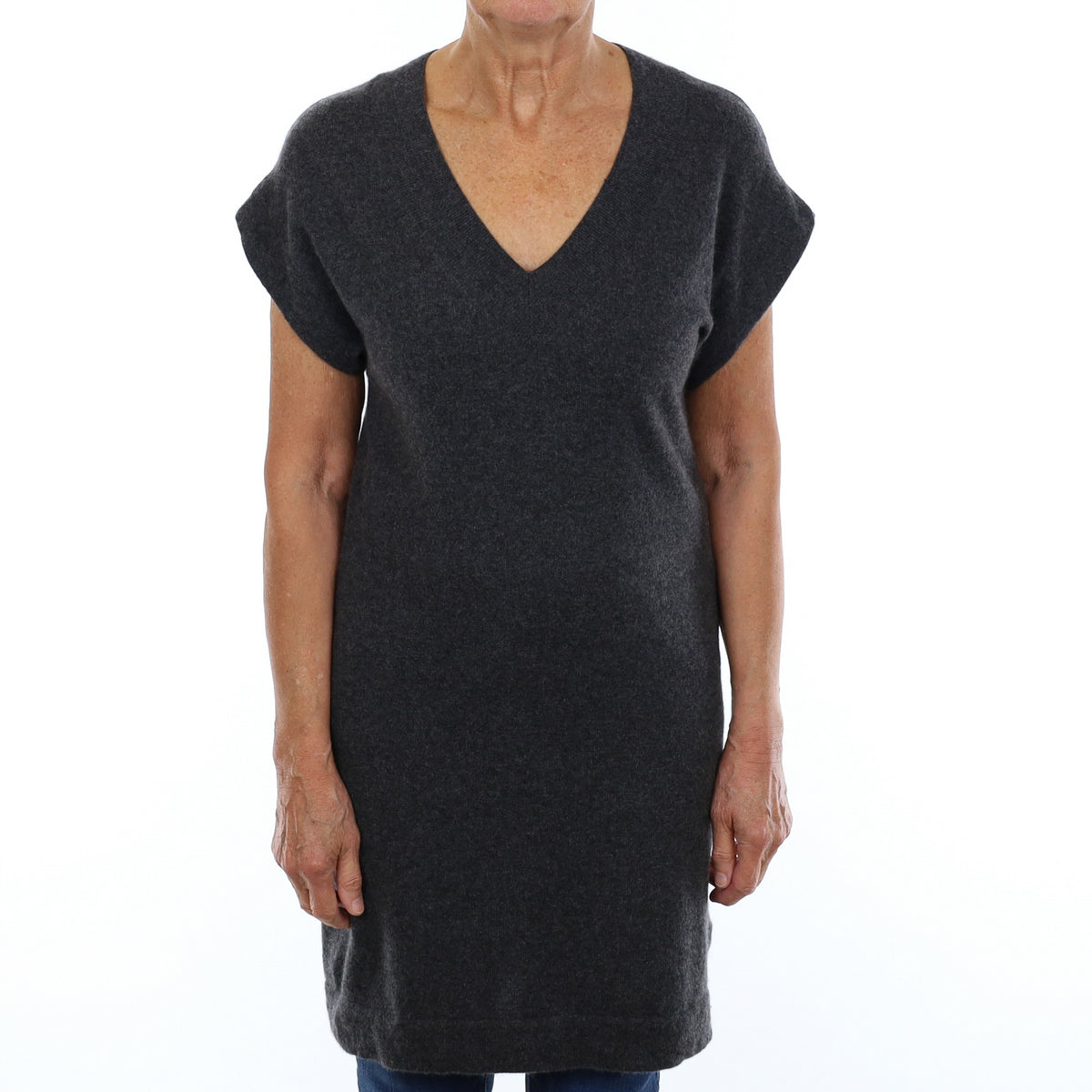 Charcoal Grey Cashmere V Neck Short Sleeve Tunic Medium