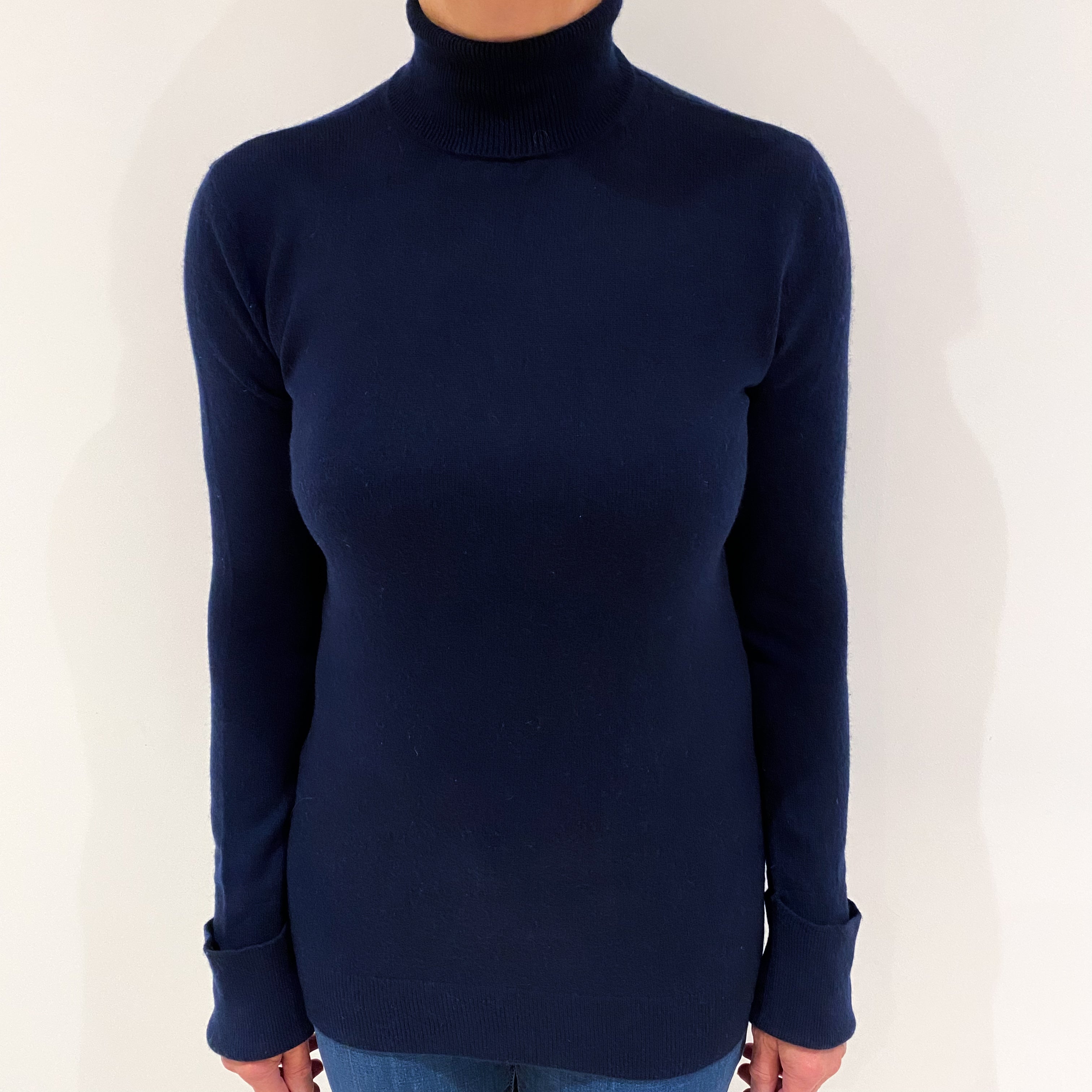 Navy Blue Cashmere Polo Neck Generous Fit  Jumper Medium