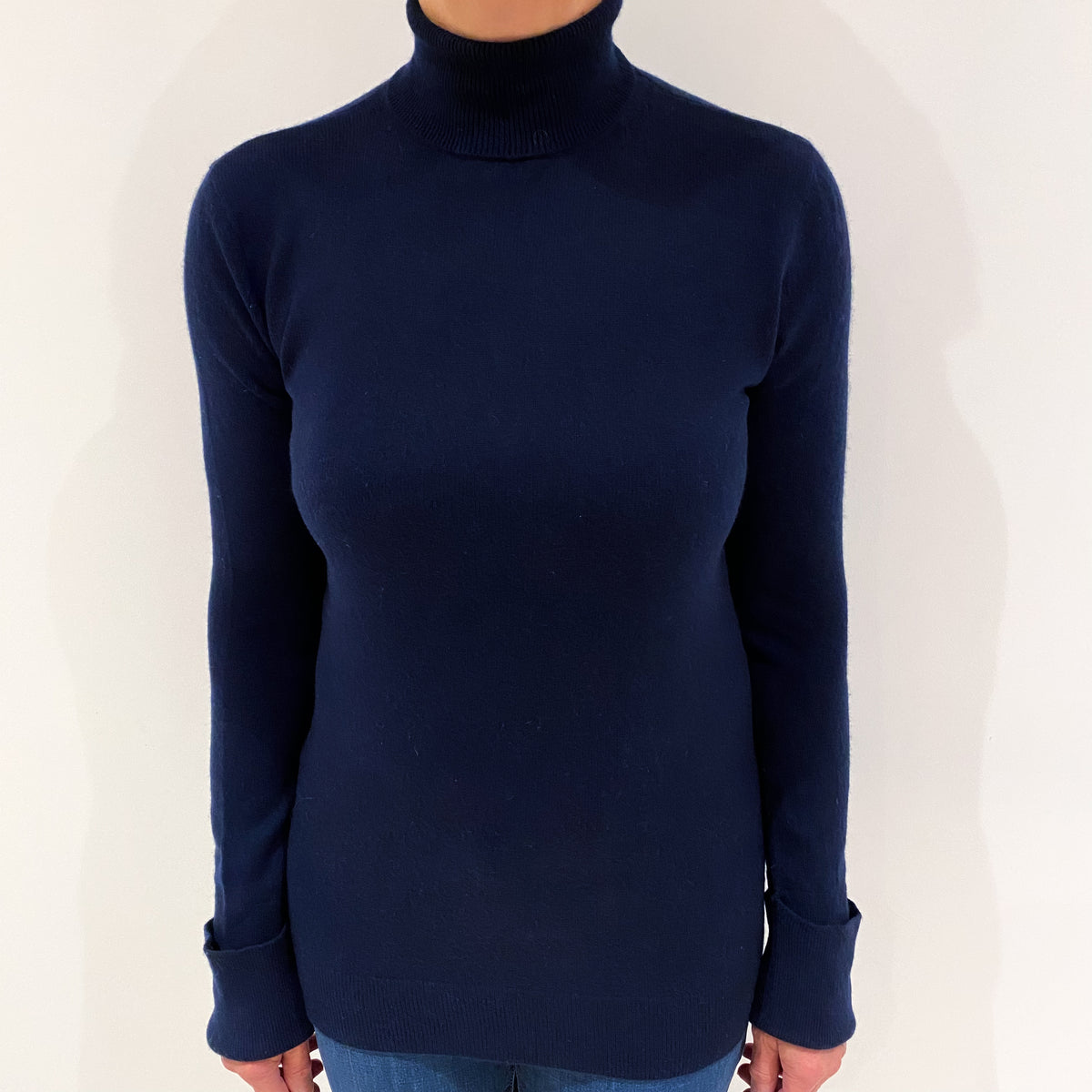 Navy Blue Cashmere Polo Neck Generous Fit  Jumper Medium