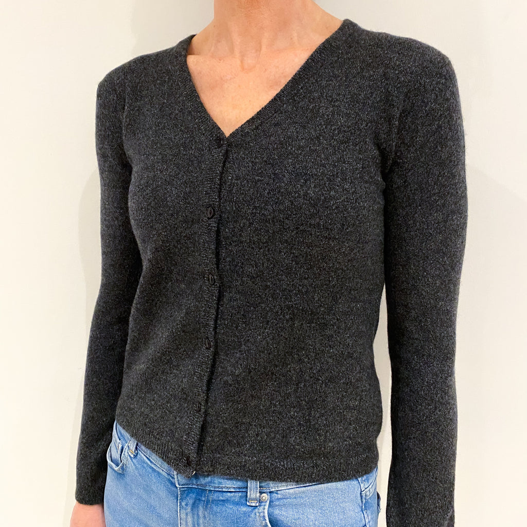 Charcoal Grey Marl Knit Cashmere V Neck Cardigan Small