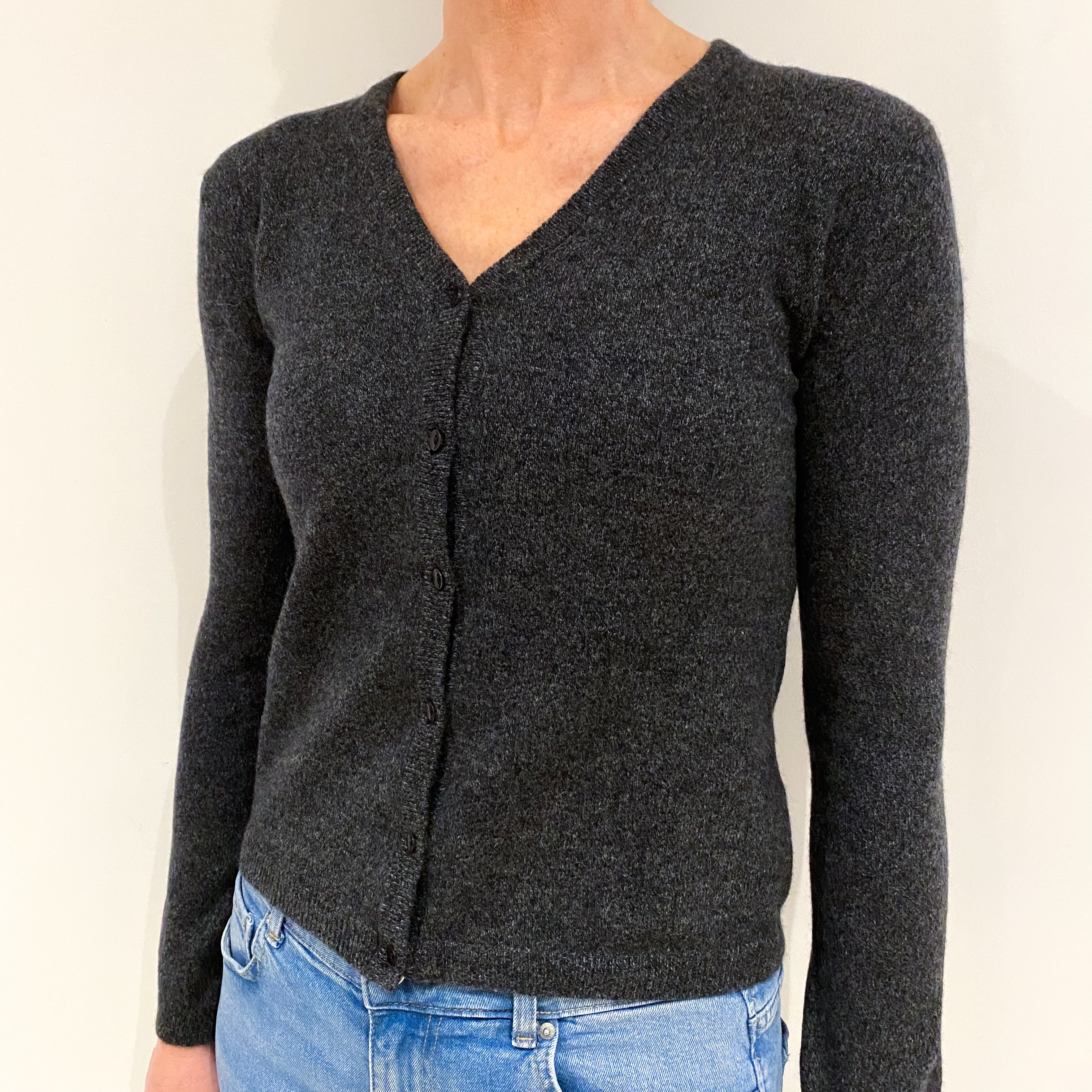 Charcoal Grey Marl Knit Cashmere V Neck Cardigan Small