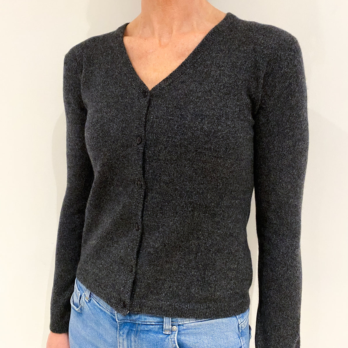 Charcoal Grey Marl Knit Cashmere V Neck Cardigan Small