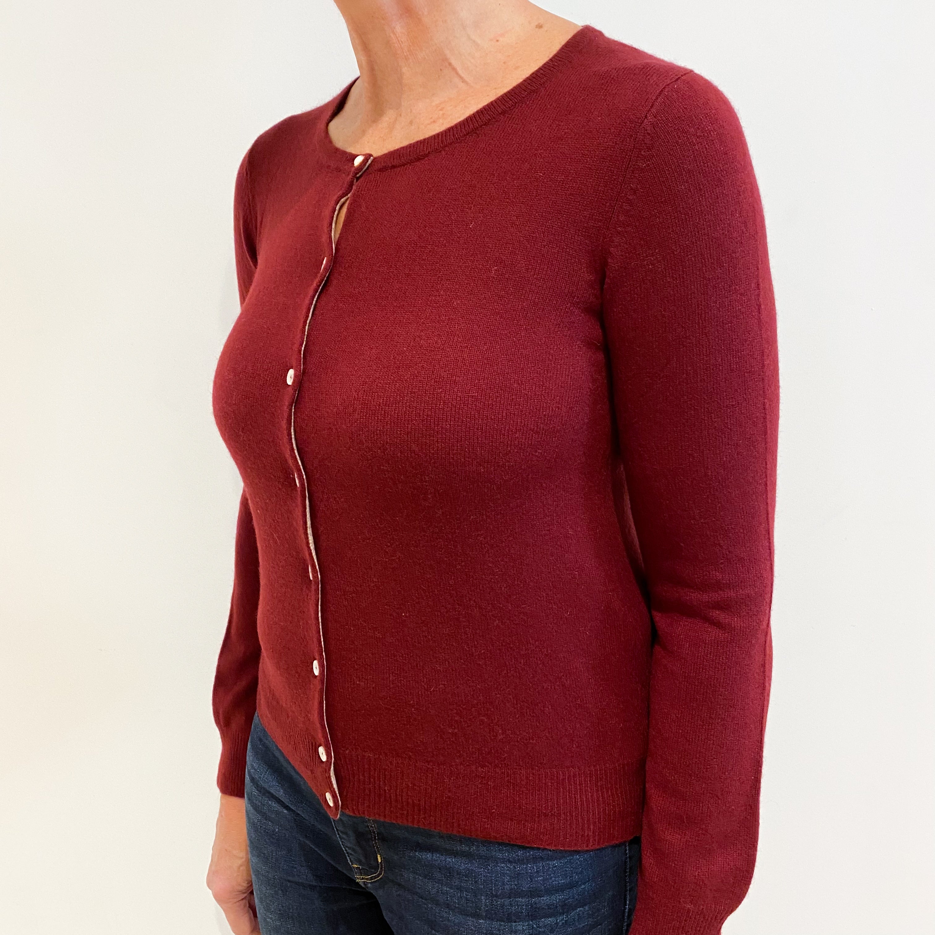 Burgundy Red Cashmere Crew Neck Cardigan Medium