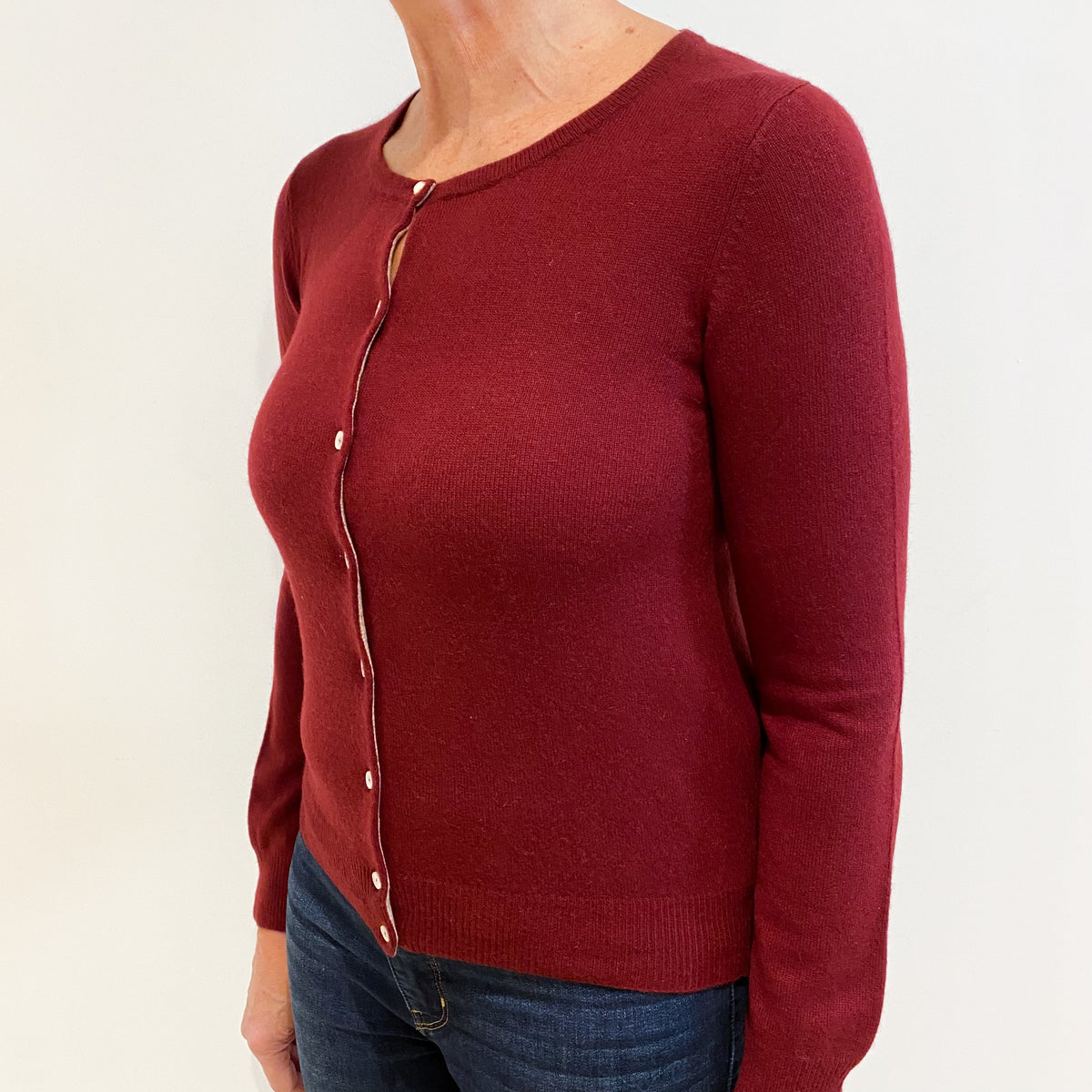 Burgundy Red Cashmere Crew Neck Cardigan Medium