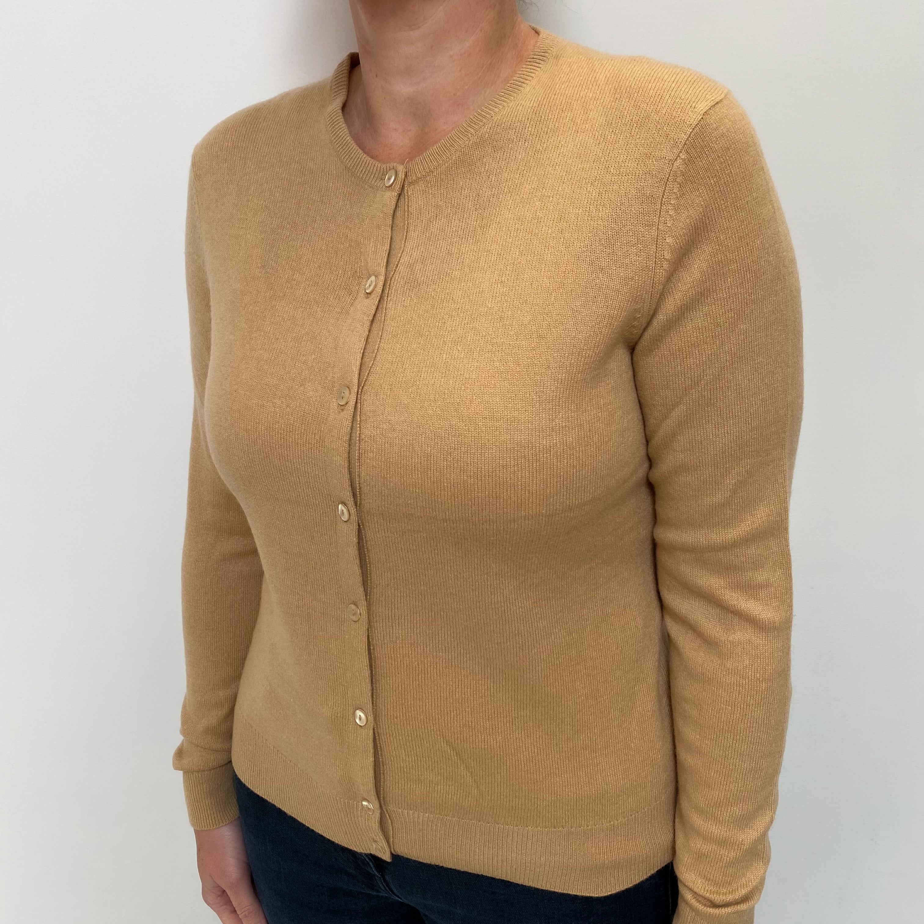 Caramel Brown Cashmere Crew Neck Cardigan Large