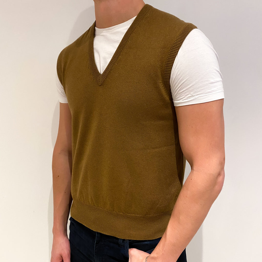 Men's Vintage Scottish Cinnamon Brown Cashmere V Neck Sleeveless Jumper XL