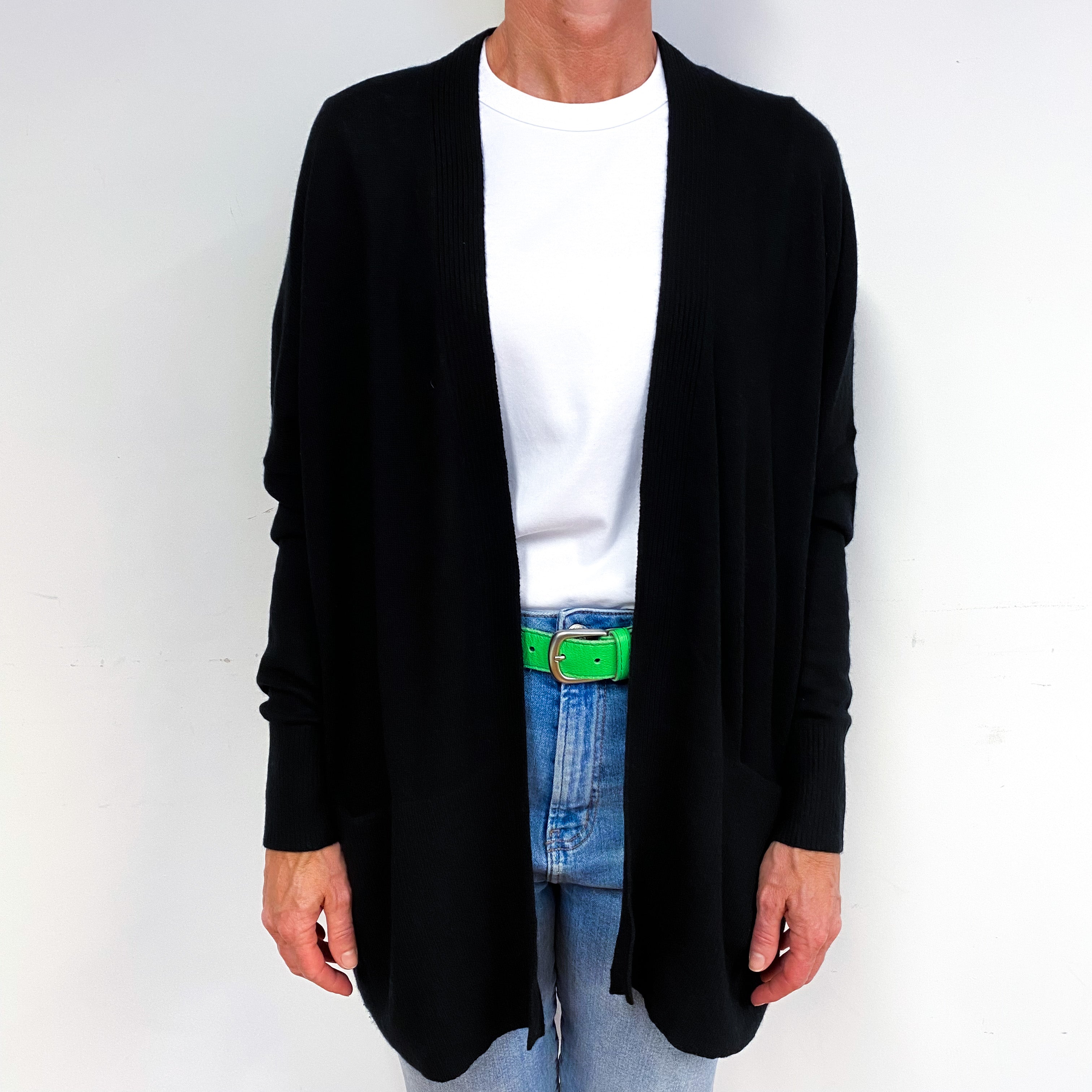 Black Cashmere Edge To Edge Cardigan with Pockets Medium