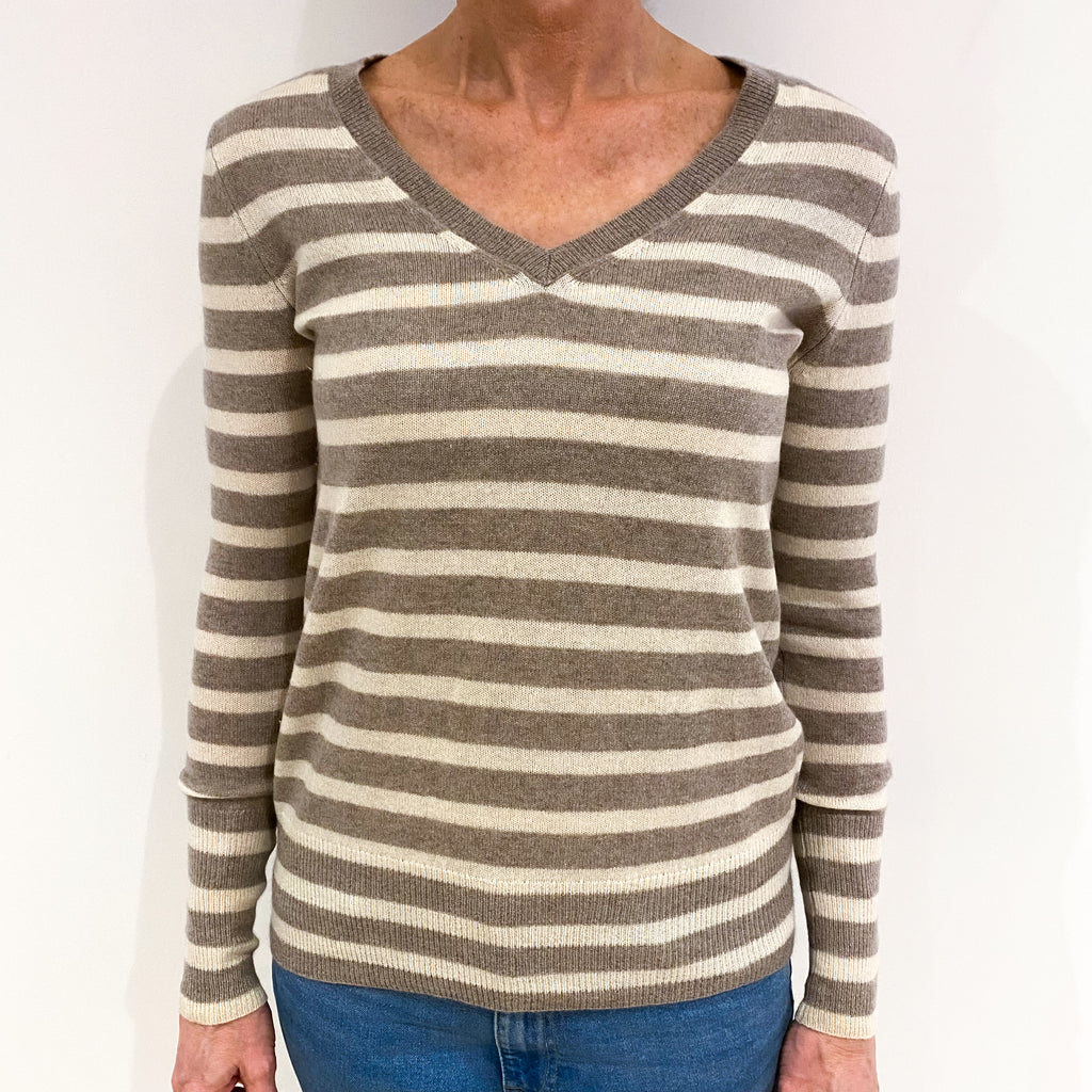 Fawn Cream Stripe Cashmere V Neck Jumper Small