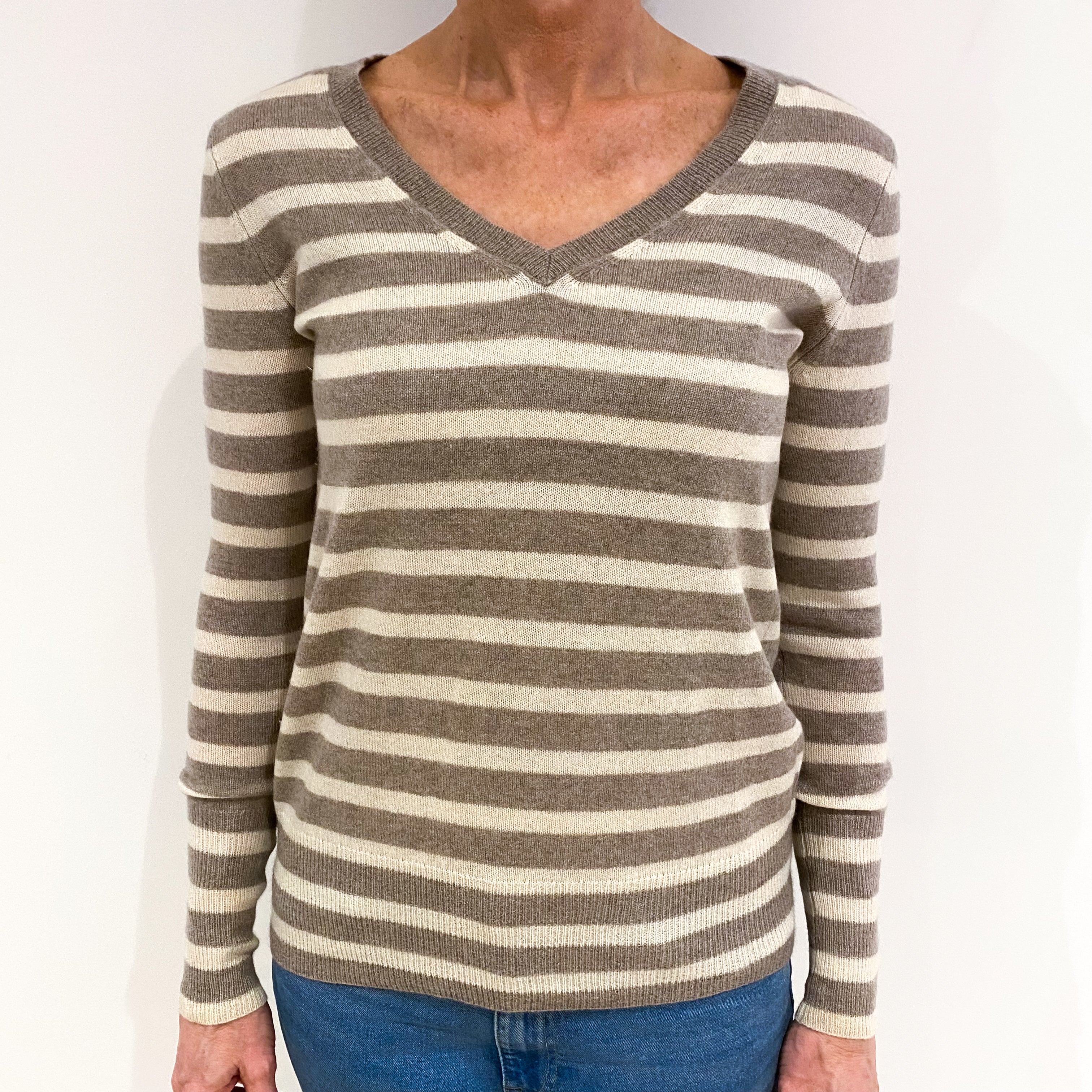 Fawn Cream Stripe Cashmere V Neck Jumper Small